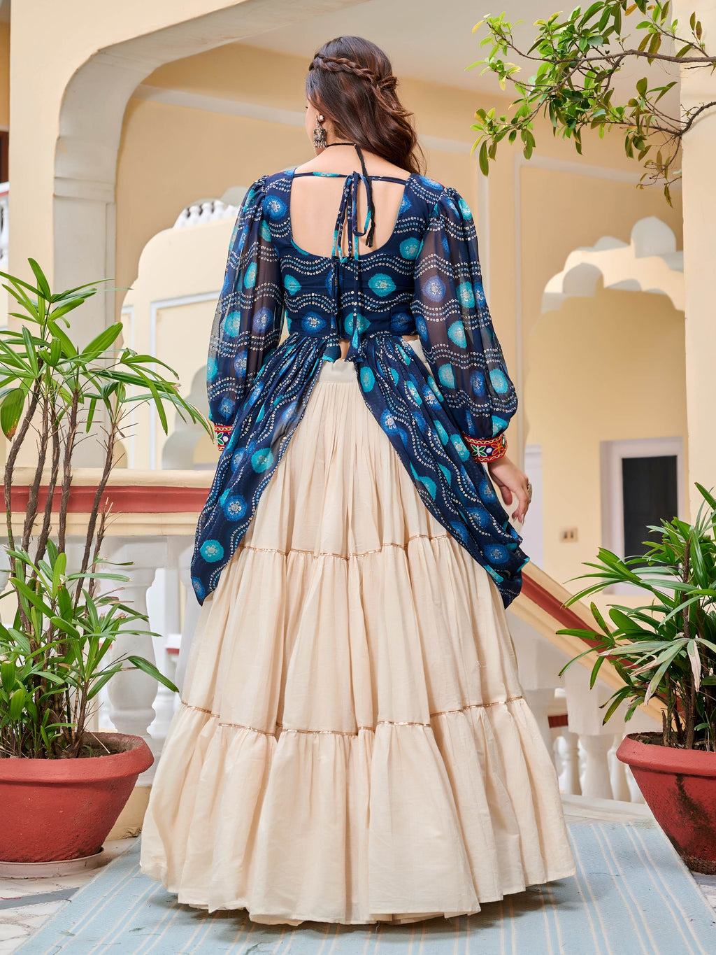 Enchanting Blue Cotton Bandhani Printed Designer Top Lehenga