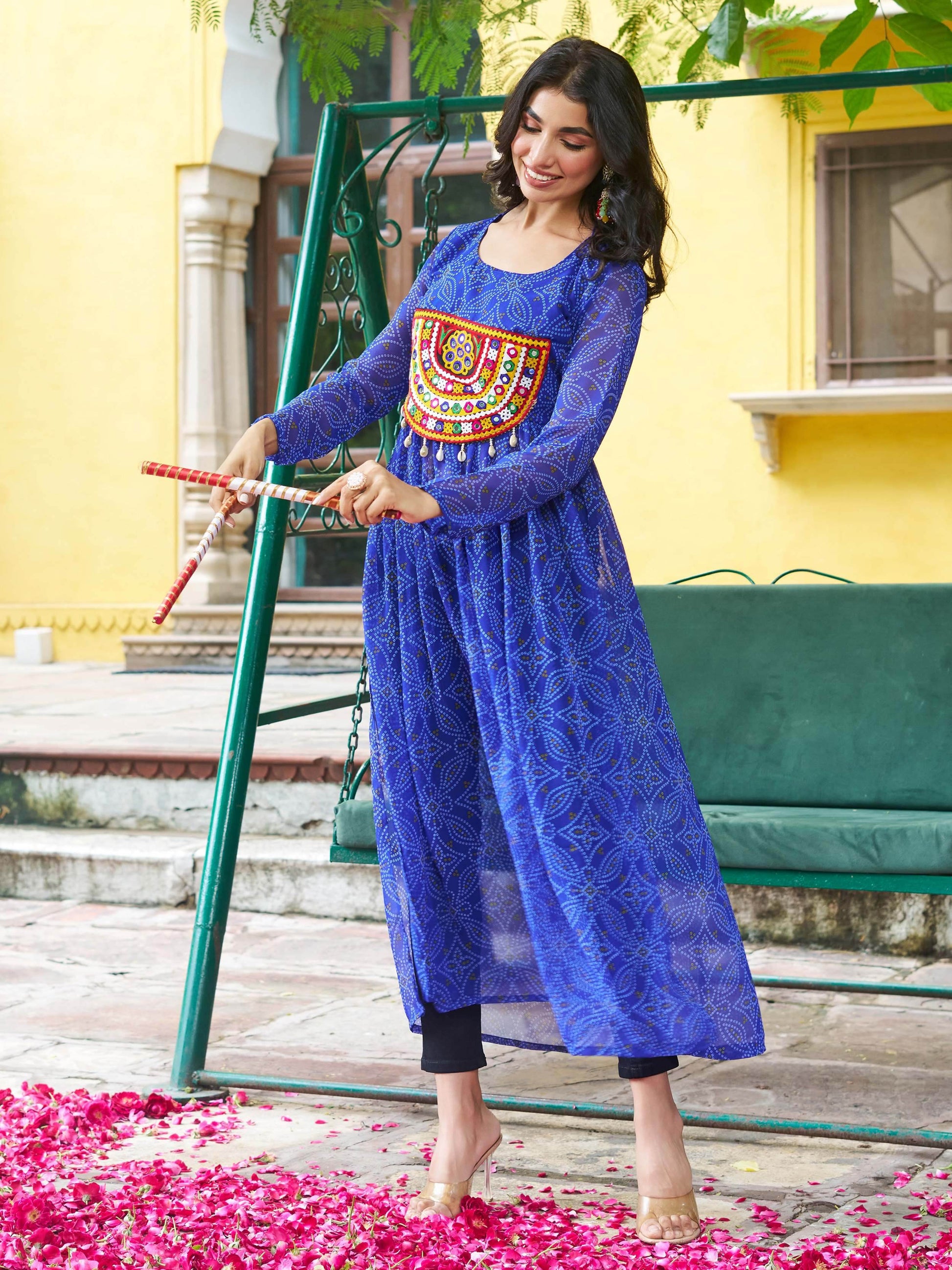 Timeless Blue Georgette Gamthi Work Festival Wear Kurti