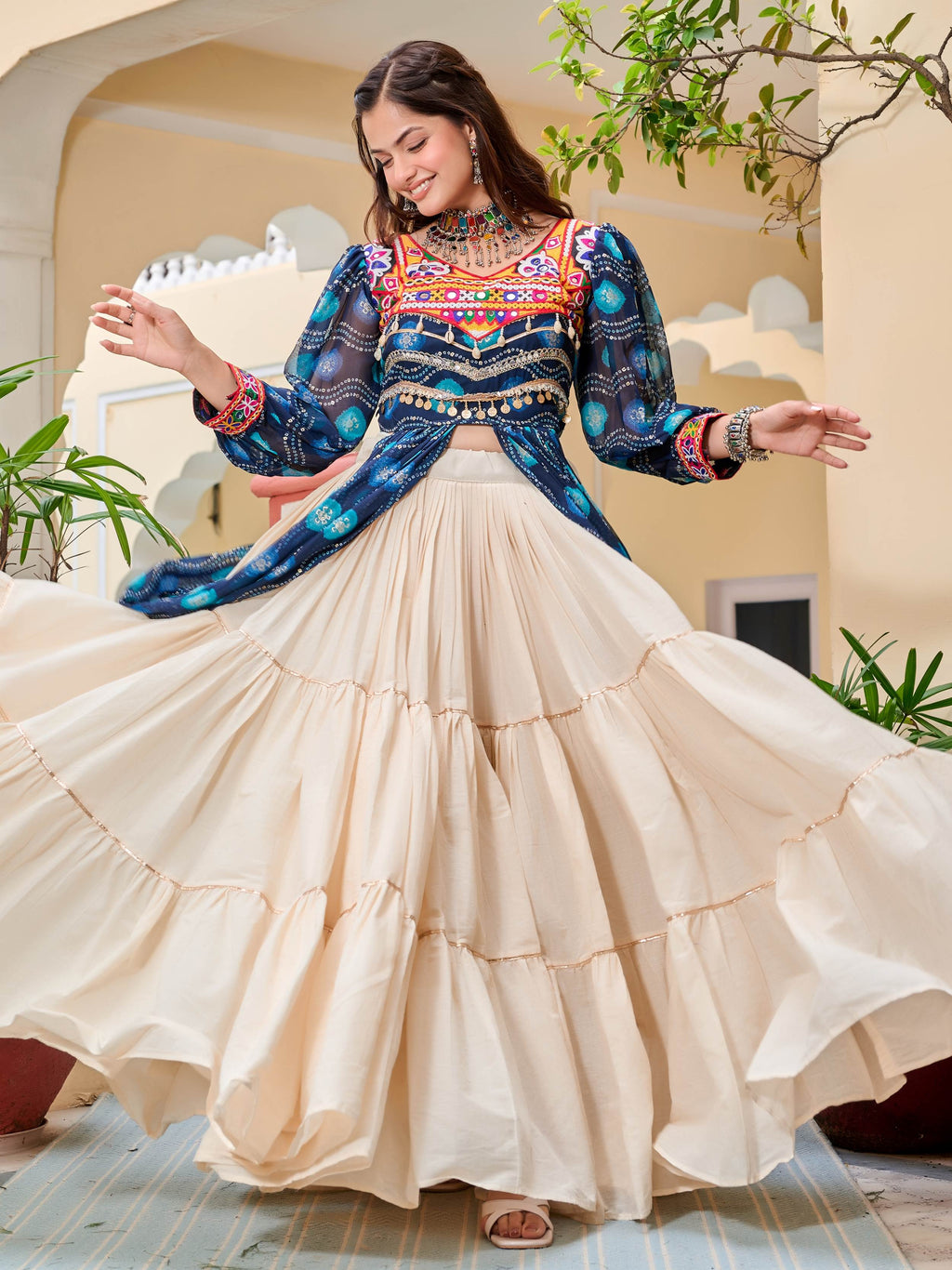 Enchanting Blue Cotton Bandhani Printed Designer Top Lehenga