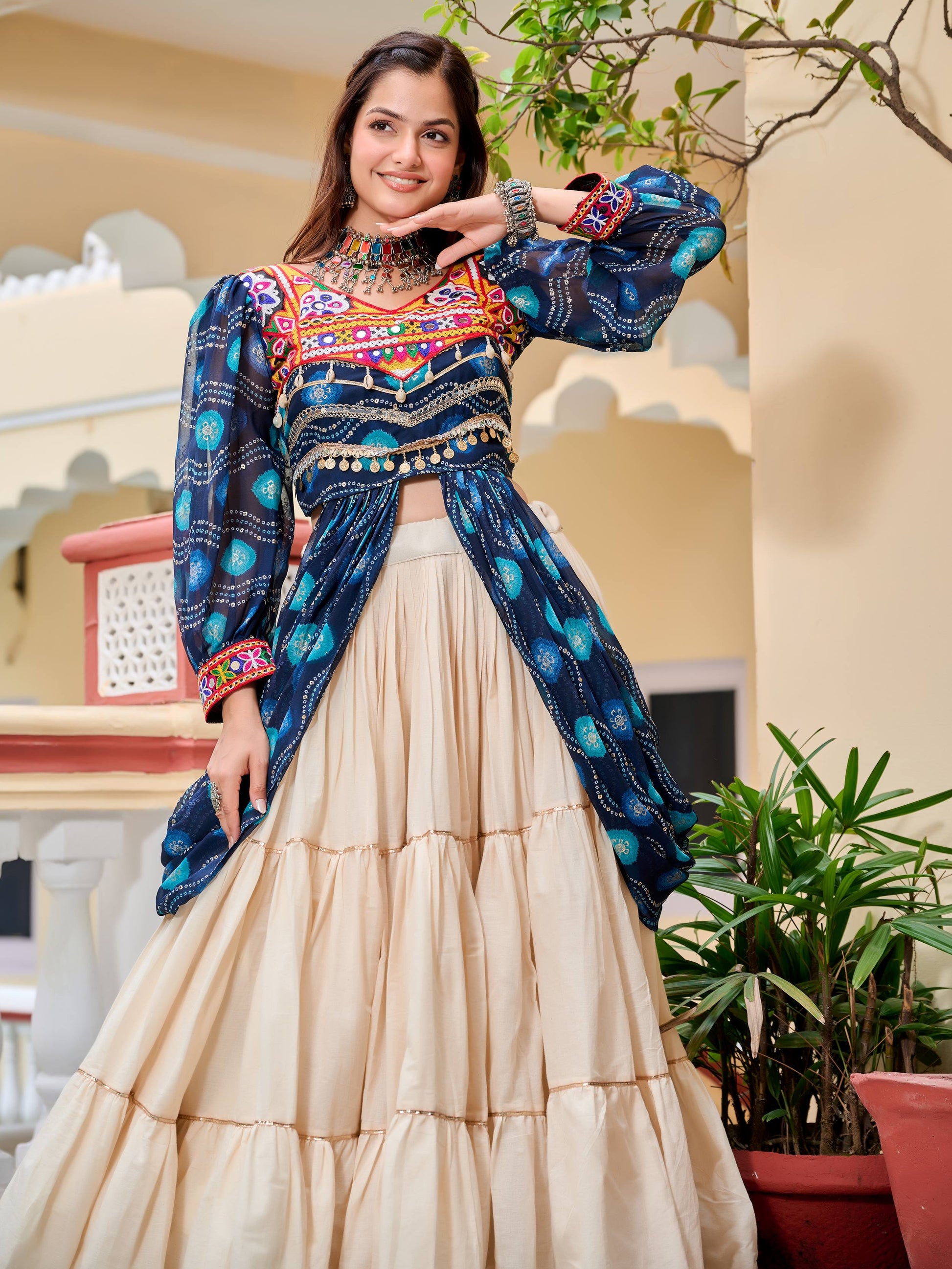 Enchanting Blue Cotton Bandhani Printed Designer Top Lehenga