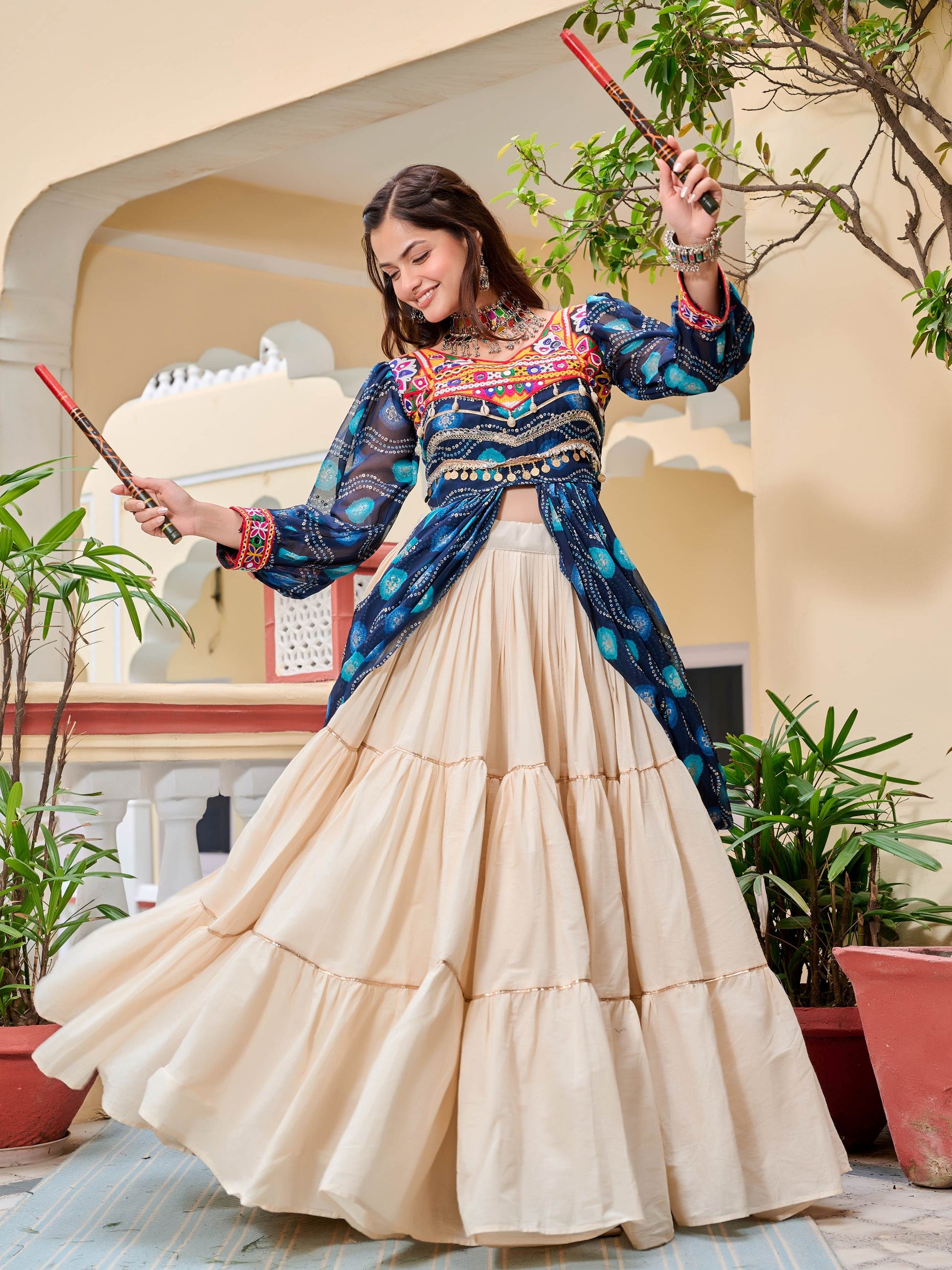 Enchanting Blue Cotton Bandhani Printed Designer Top Lehenga