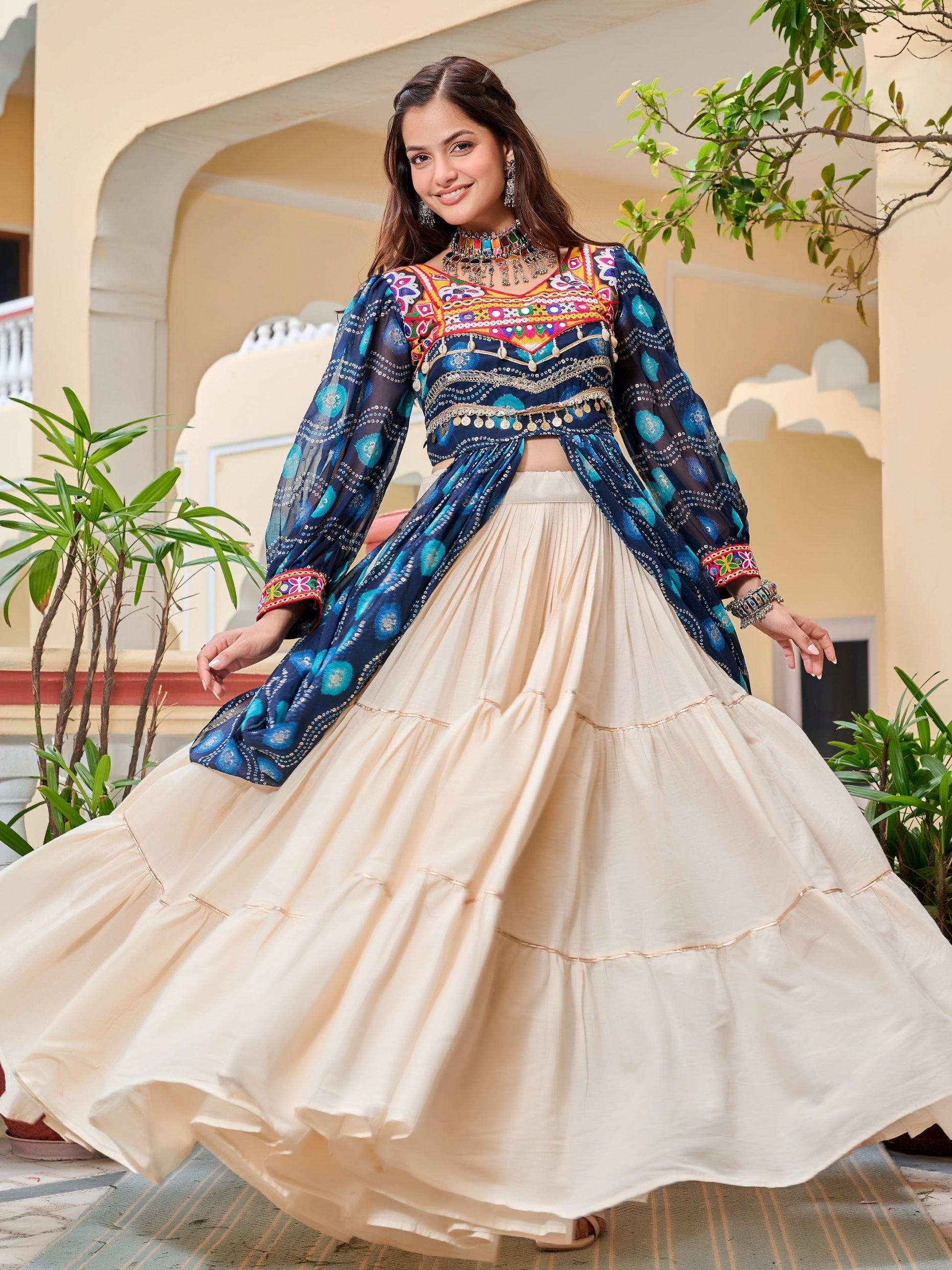 Enchanting Blue Cotton Bandhani Printed Designer Top Lehenga
