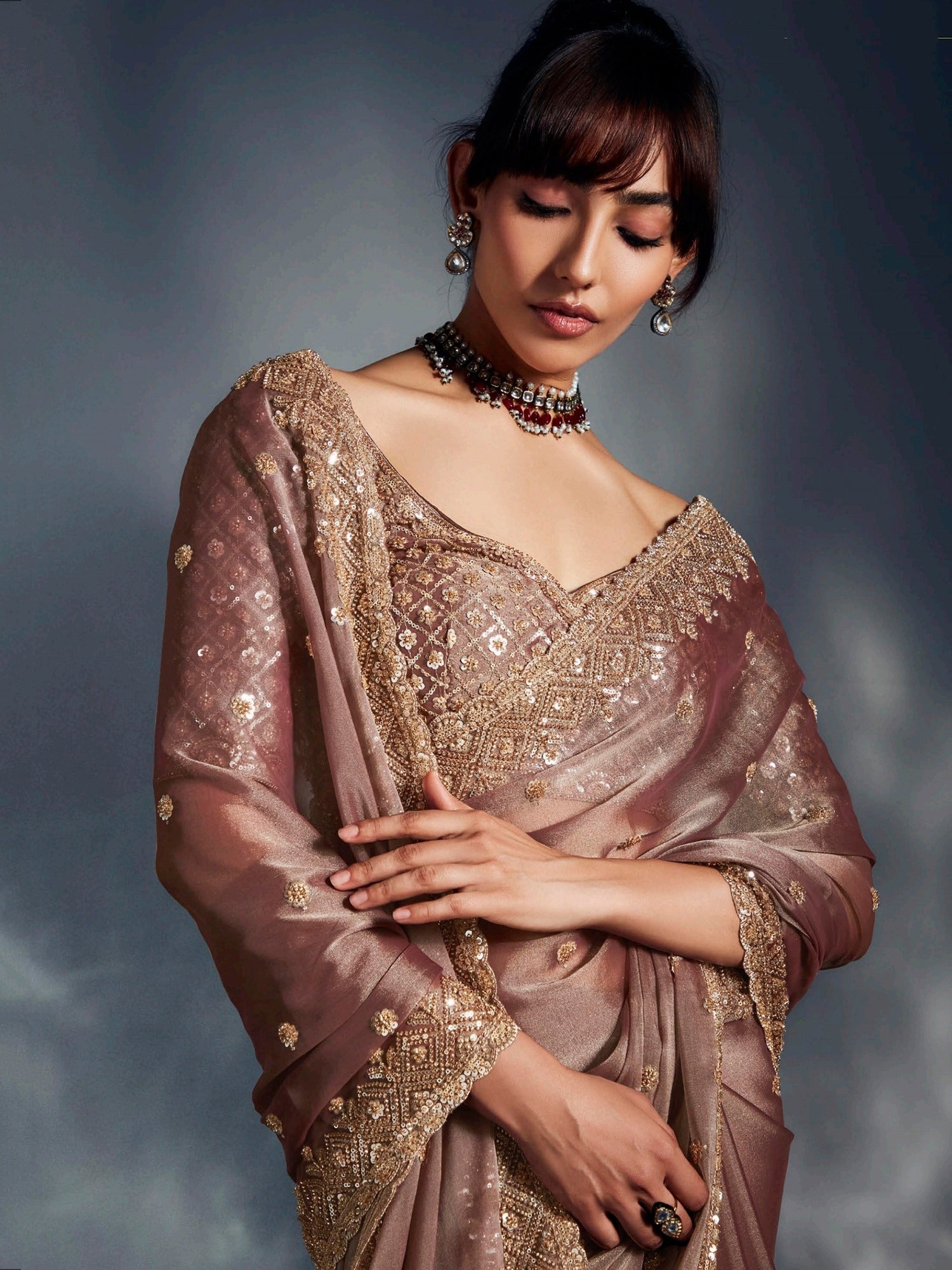 Pretty Brown Organza Khatli Work Festival Wear Saree With Blouse