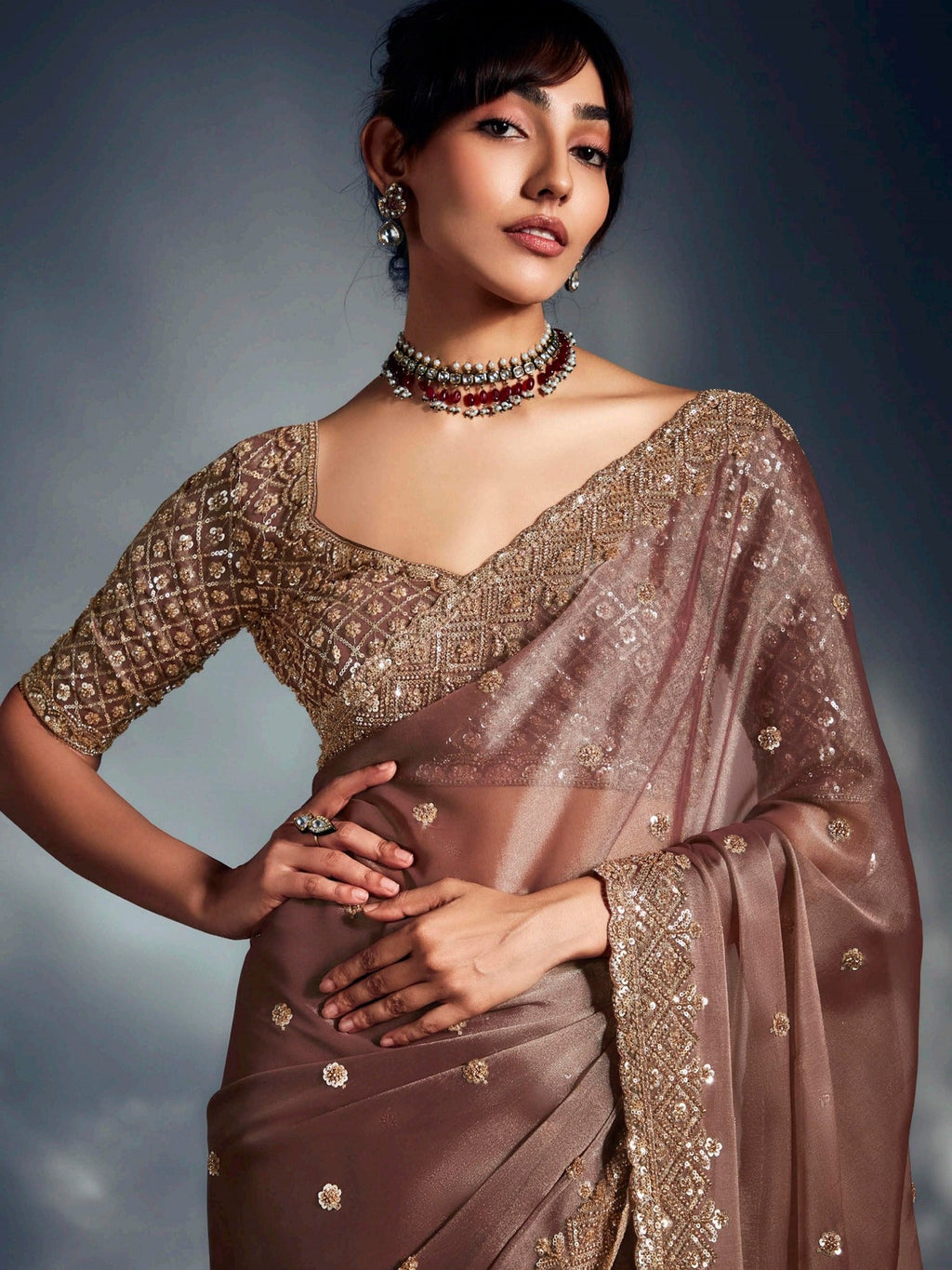 Pretty Brown Organza Khatli Work Festival Wear Saree With Blouse