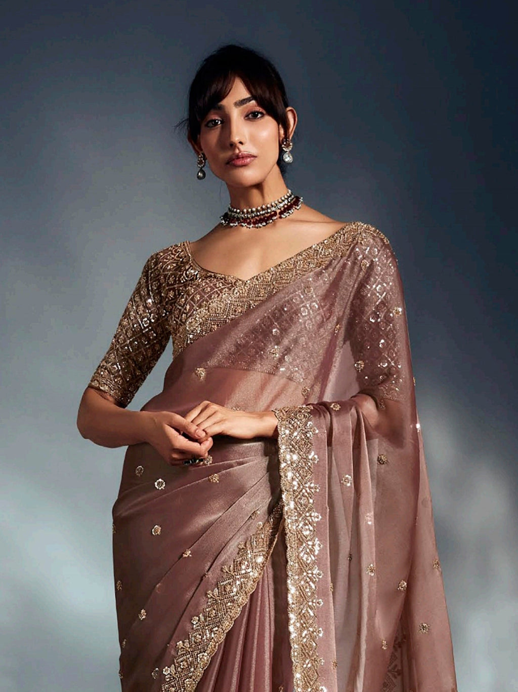 Pretty Brown Organza Khatli Work Festival Wear Saree With Blouse