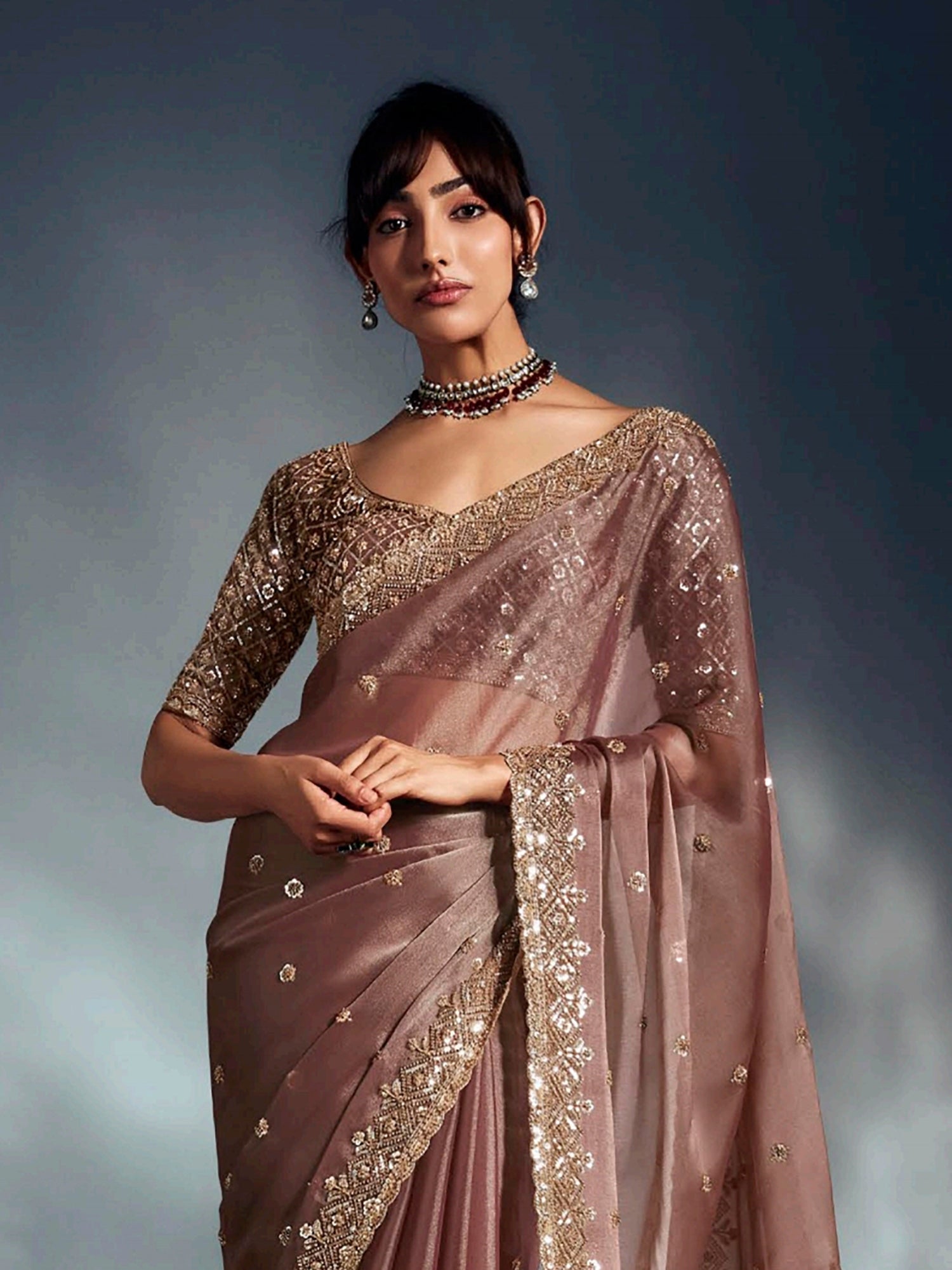Pretty Brown Organza Khatli Work Festival Wear Saree With Blouse