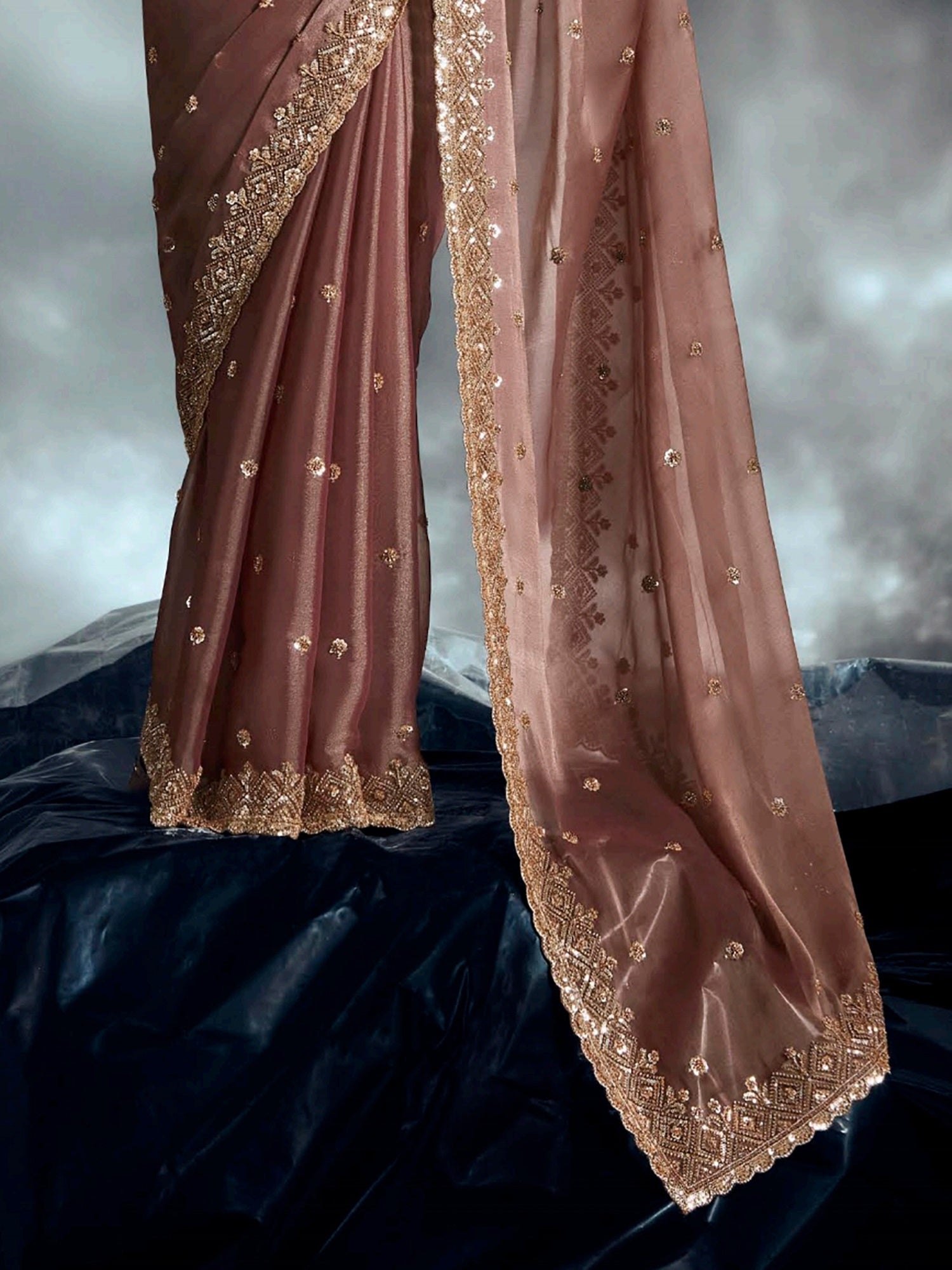 Pretty Brown Organza Khatli Work Festival Wear Saree With Blouse