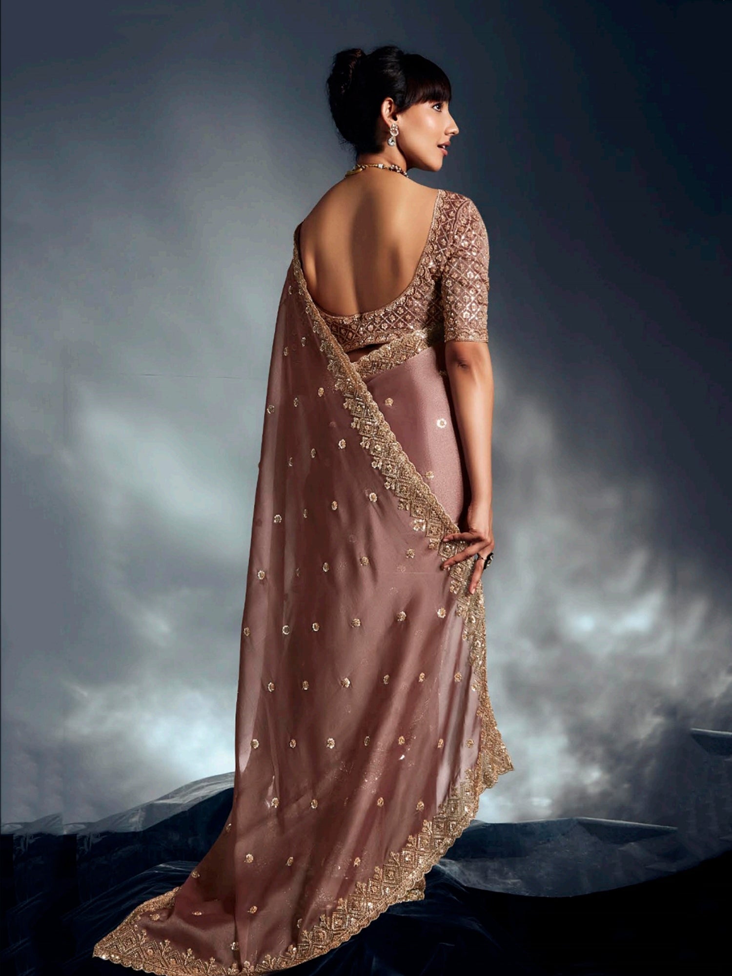 Pretty Brown Organza Khatli Work Festival Wear Saree With Blouse