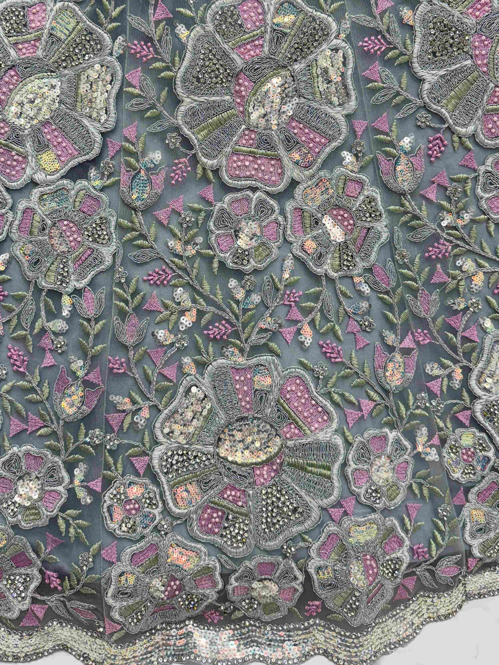 Classy Grey Floral Embroidered Net Lehenga Choli With Dupatta