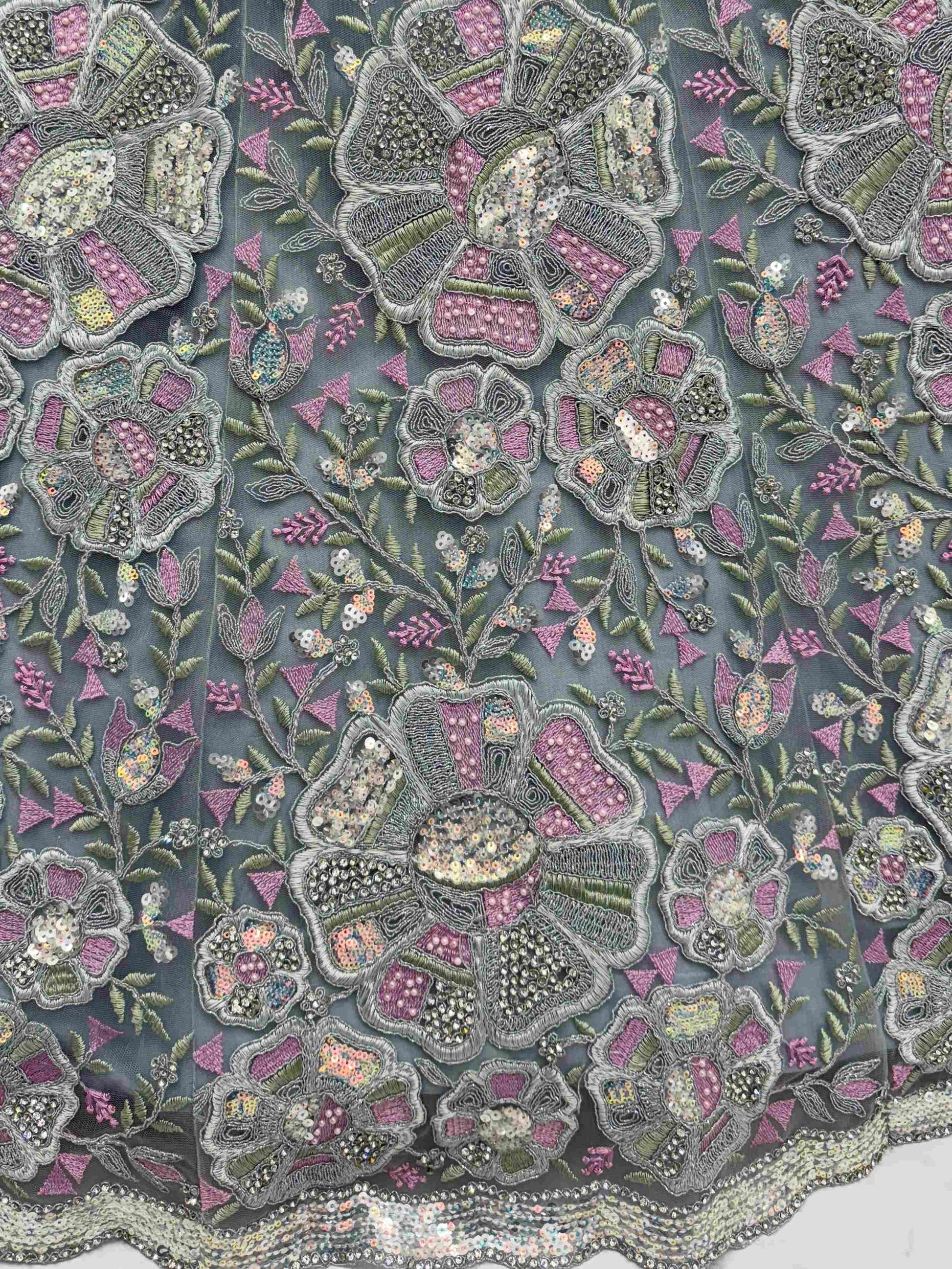 Classy Grey Floral Embroidered Net Lehenga Choli With Dupatta