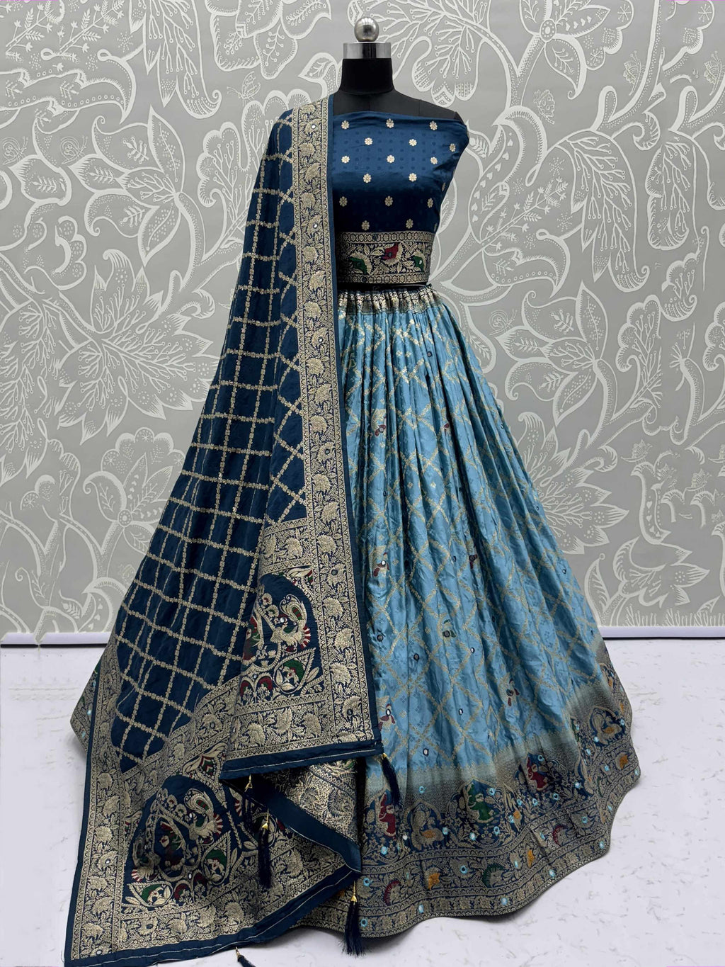 Tantalizing Sapphire Blue Mirror Work Festive Wear Lehenga Choli