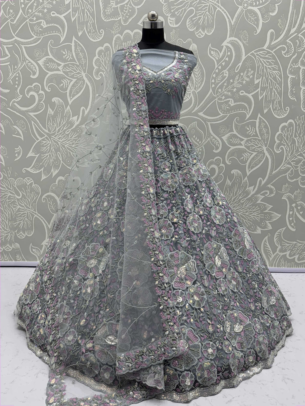 Classy Grey Floral Embroidered Net Lehenga Choli With Dupatta