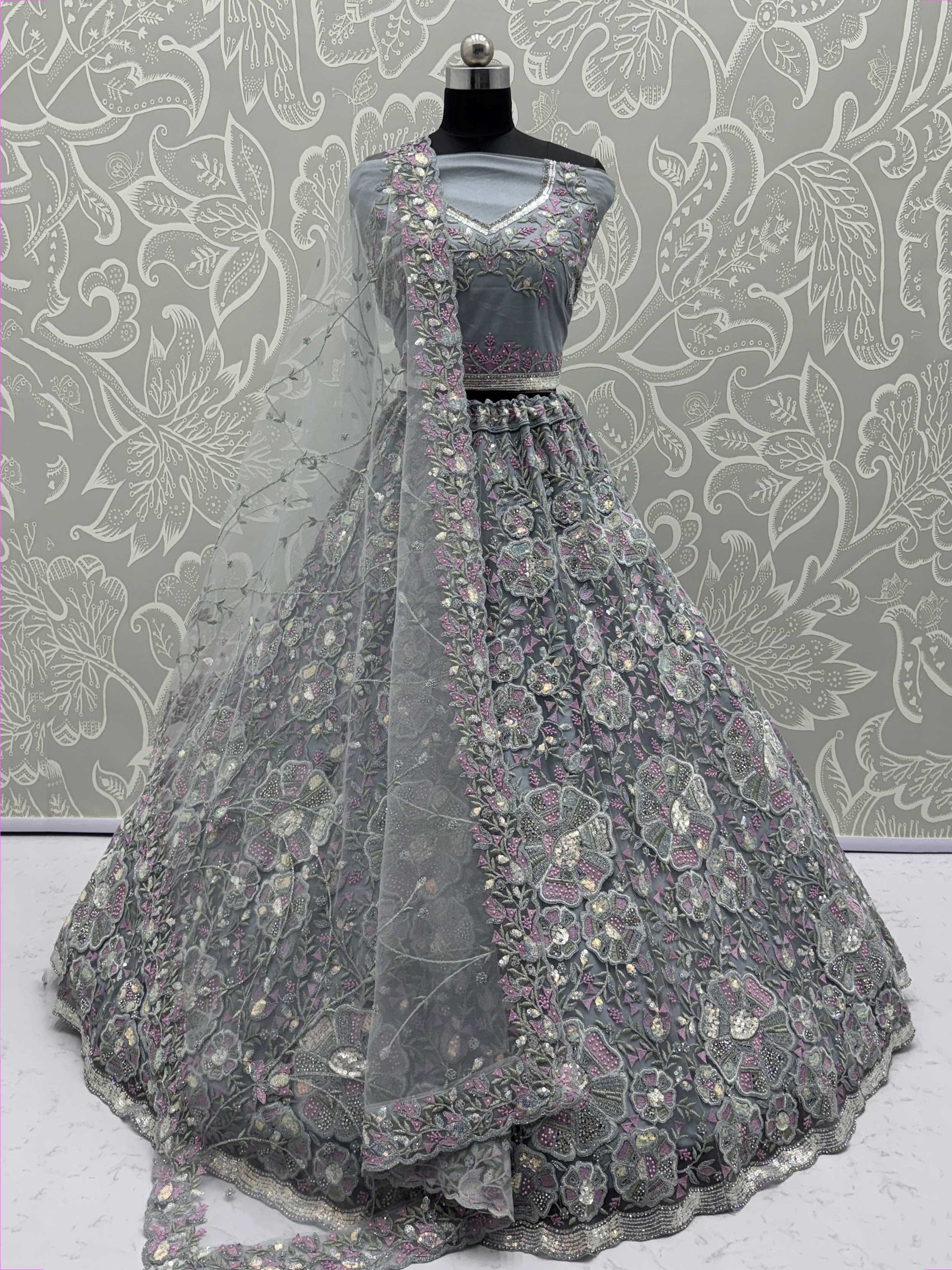 Classy Grey Floral Embroidered Net Lehenga Choli With Dupatta