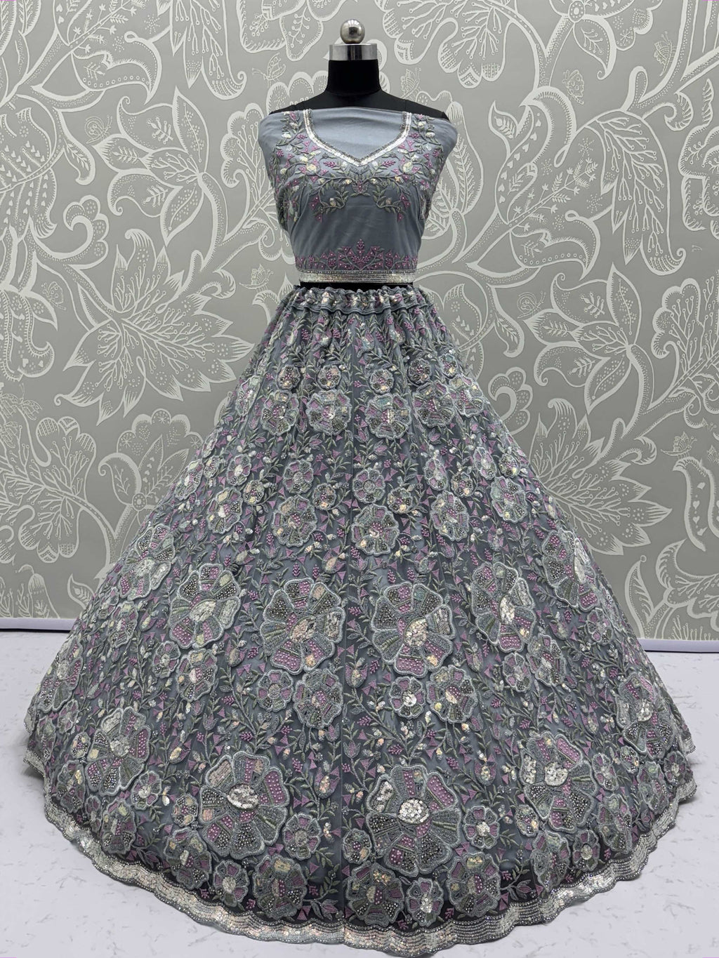 Classy Grey Floral Embroidered Net Lehenga Choli With Dupatta
