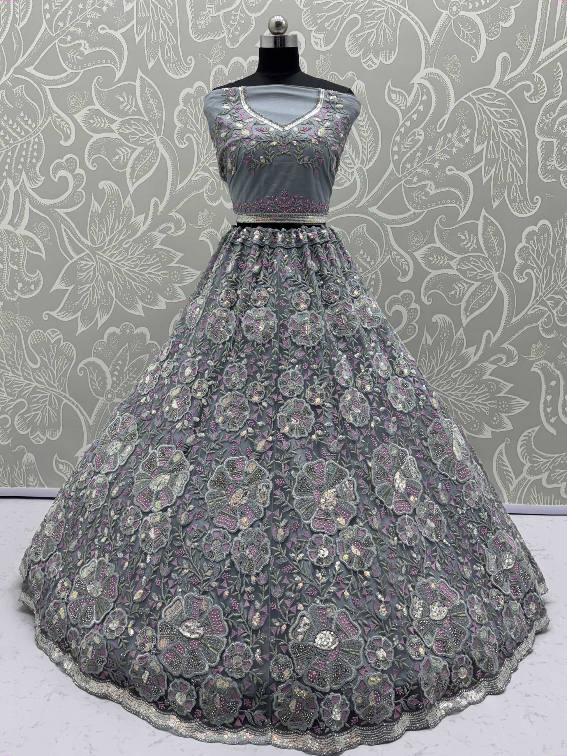 Classy Grey Floral Embroidered Net Lehenga Choli With Dupatta