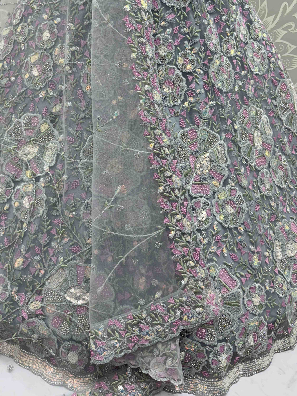 Classy Grey Floral Embroidered Net Lehenga Choli With Dupatta