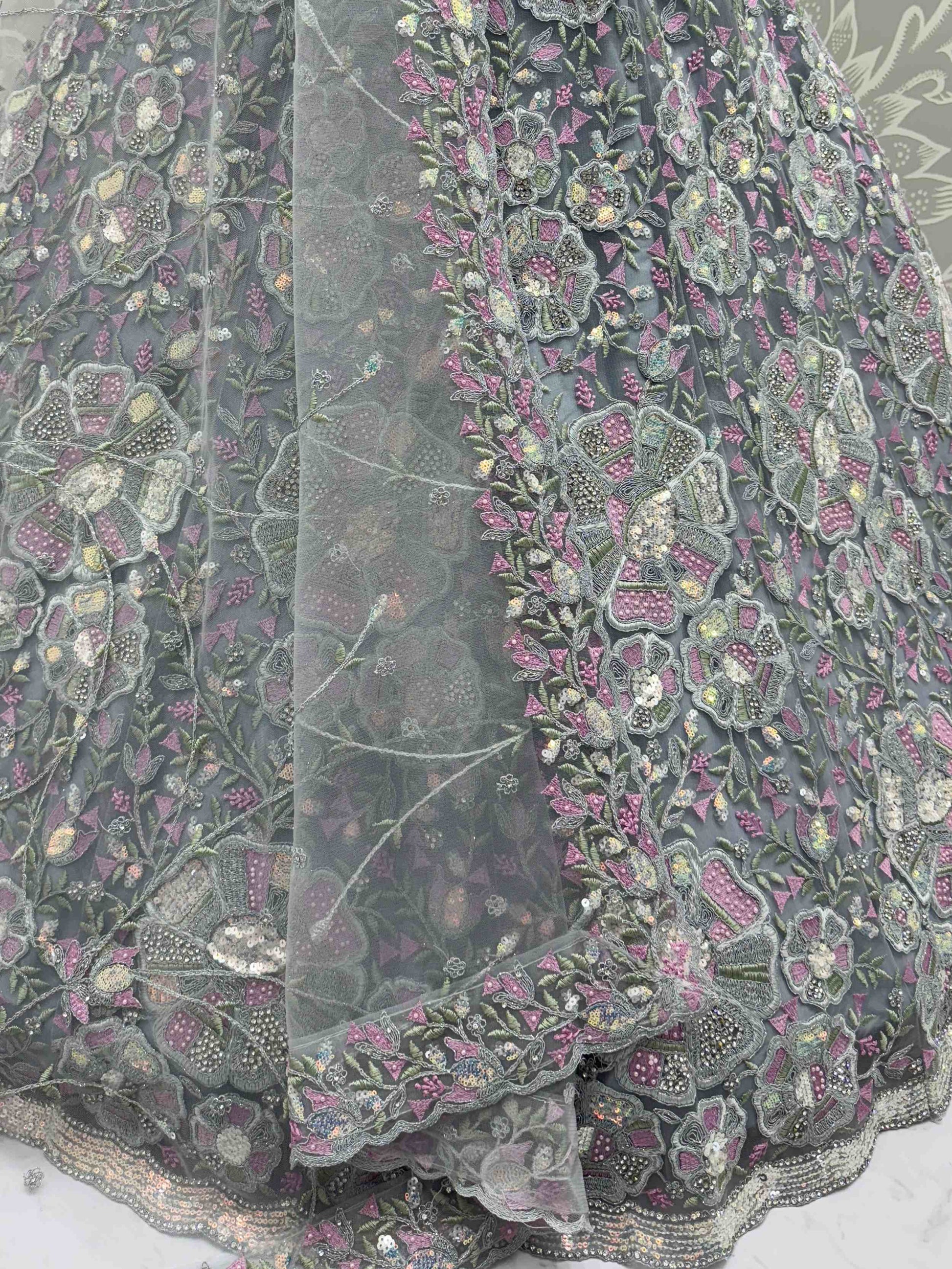 Classy Grey Floral Embroidered Net Lehenga Choli With Dupatta