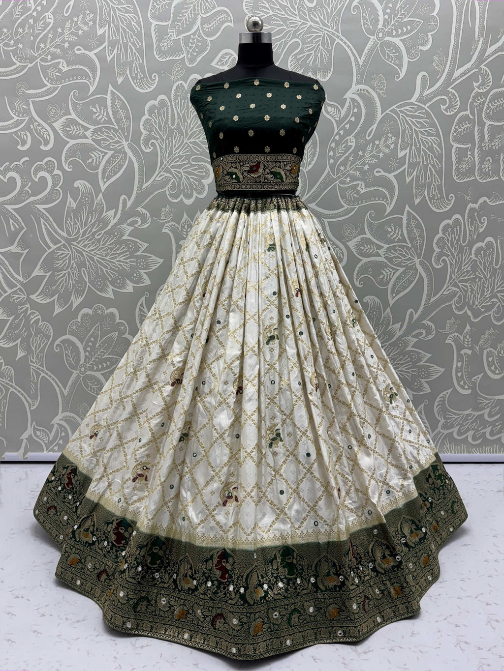 Mesmerizing Off White Engagement Wear Lehenga With Banarasi Dupatta