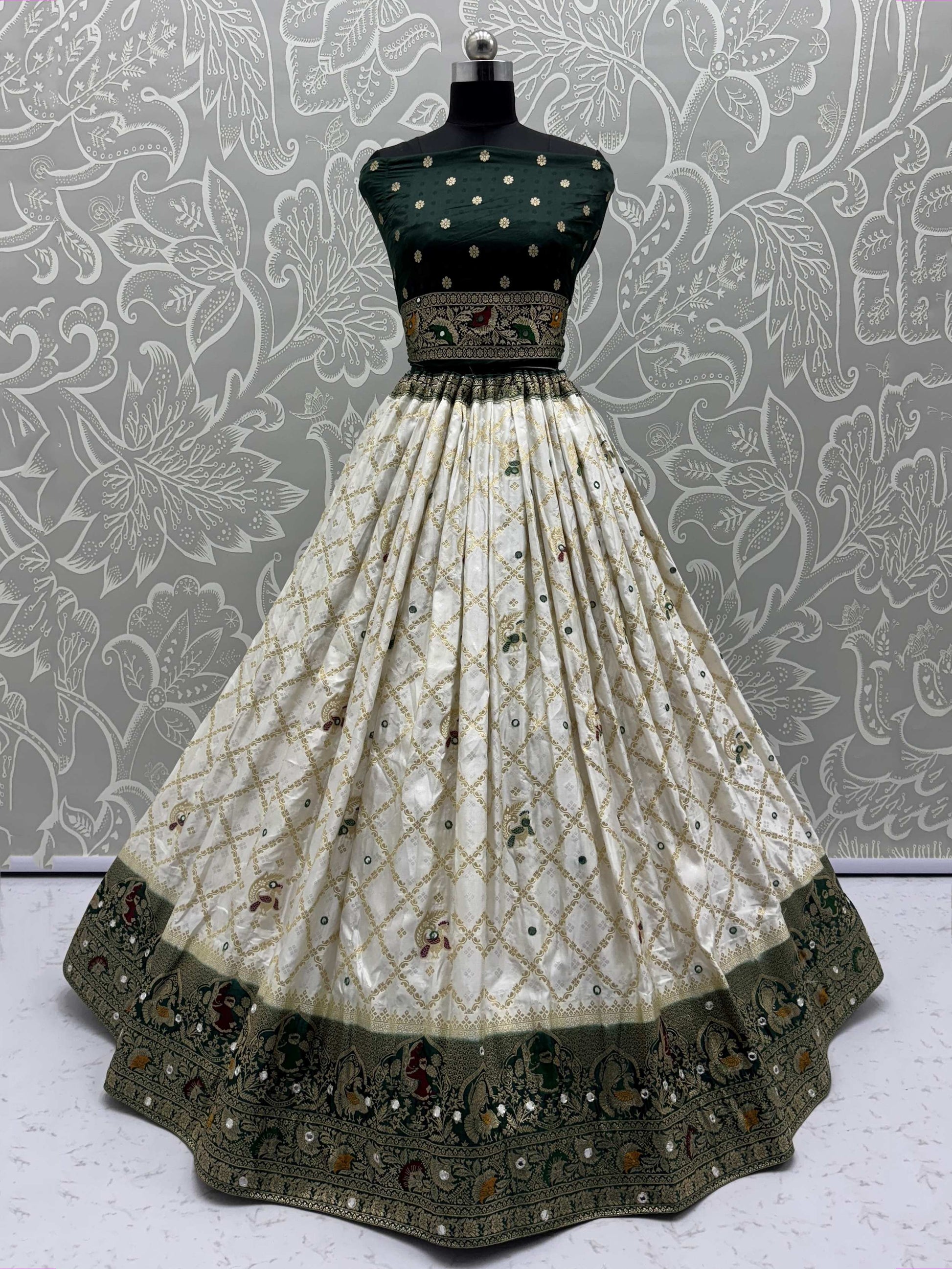 Mesmerizing Off White Engagement Wear Lehenga With Banarasi Dupatta
