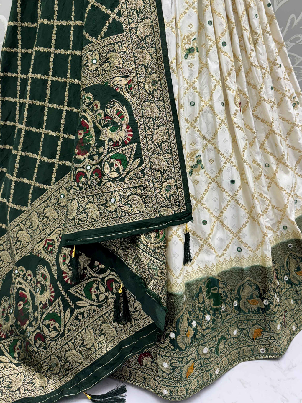 Mesmerizing Off White Engagement Wear Lehenga With Banarasi Dupatta