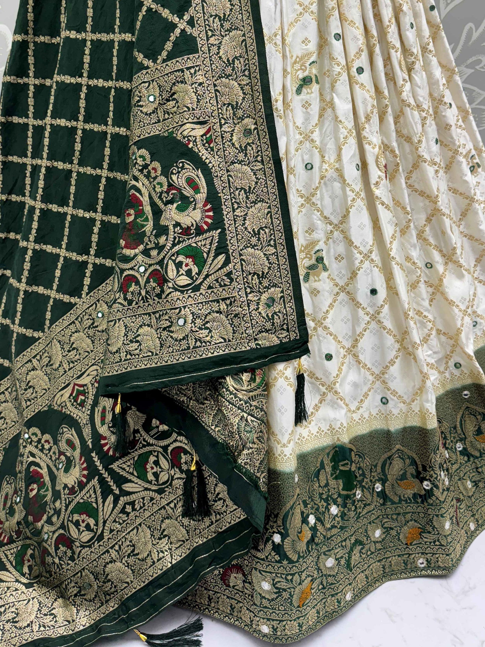 Mesmerizing Off White Engagement Wear Lehenga With Banarasi Dupatta