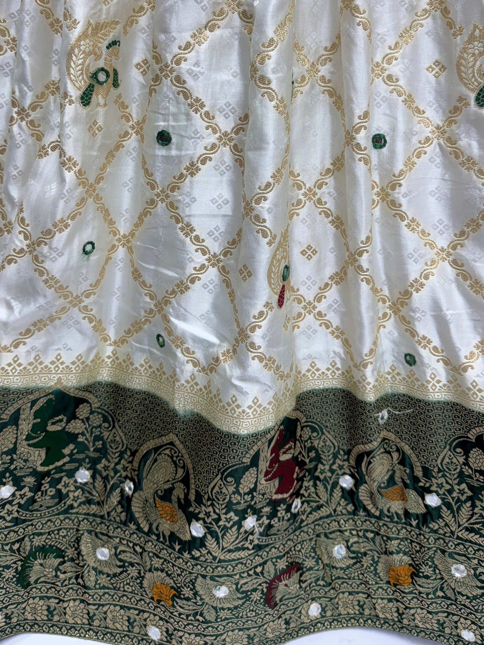 Mesmerizing Off White Engagement Wear Lehenga With Banarasi Dupatta