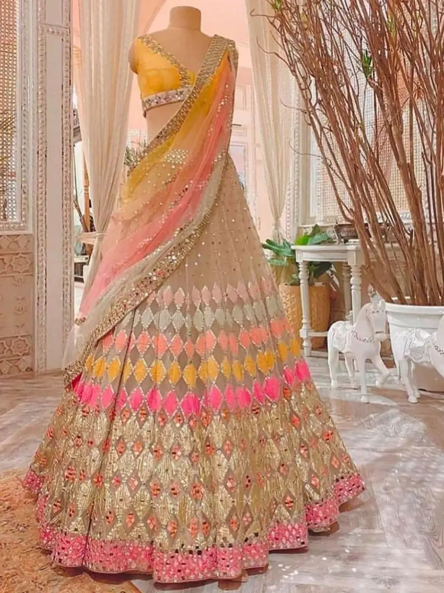Adorbale Beige Net Sequins Wedding Wear Lehenga Choli With Dupatta