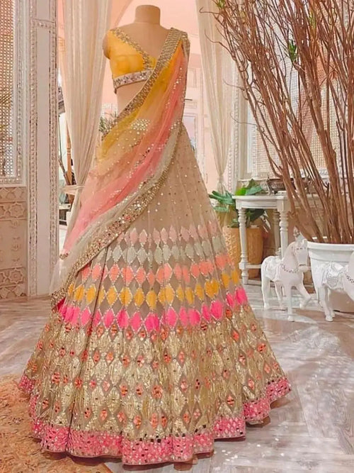 Adorbale Beige Net Sequins Wedding Wear Lehenga Choli With Dupatta