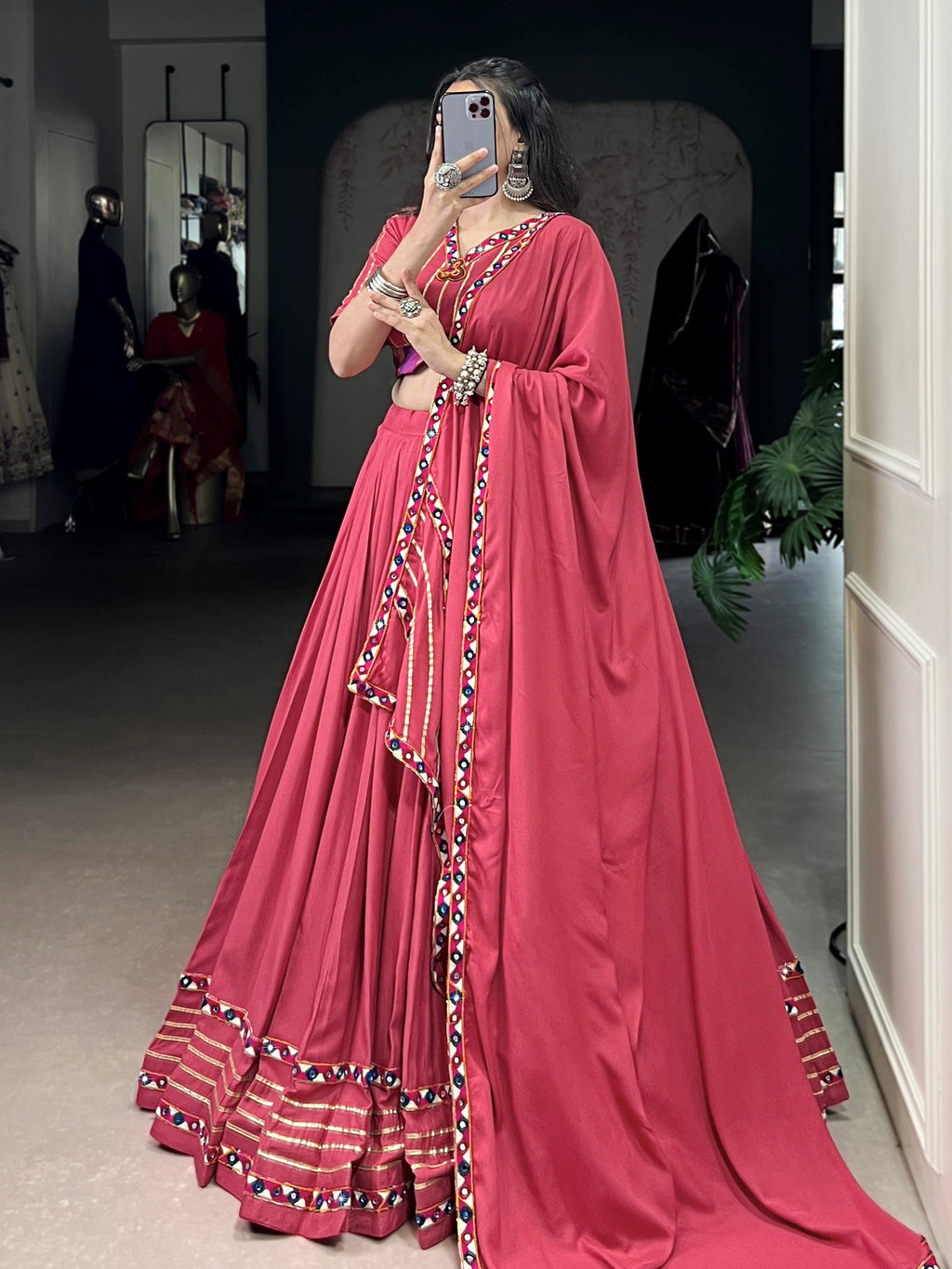 Fabulous Dark Pink Pure Rayon Gamthi Work Navratri Wear Lehenga Choli