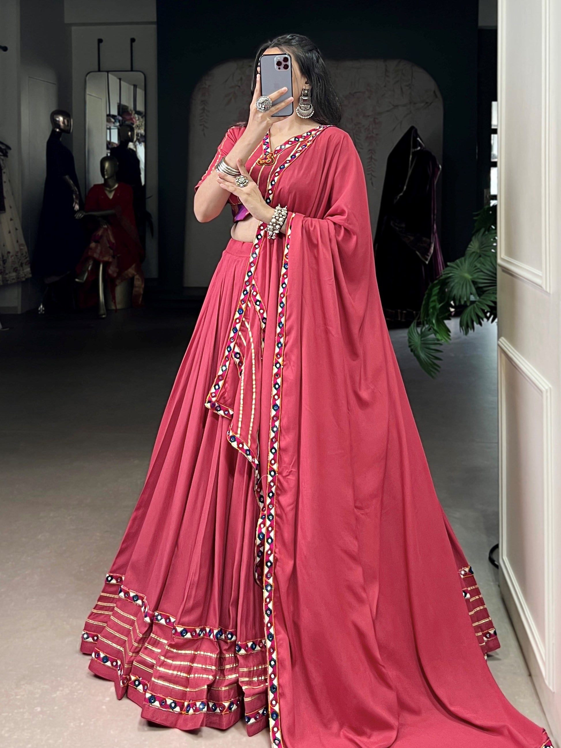 Fabulous Dark Pink Pure Rayon Gamthi Work Navratri Wear Lehenga Choli