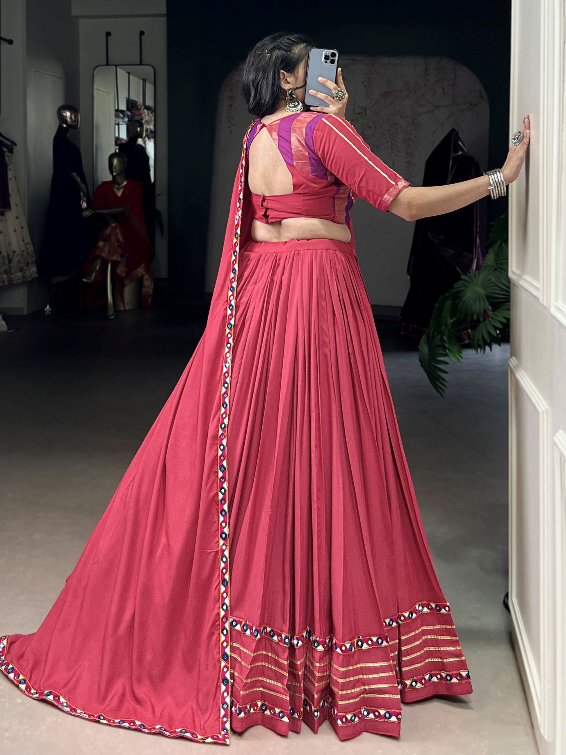 Fabulous Dark Pink Pure Rayon Gamthi Work Navratri Wear Lehenga Choli