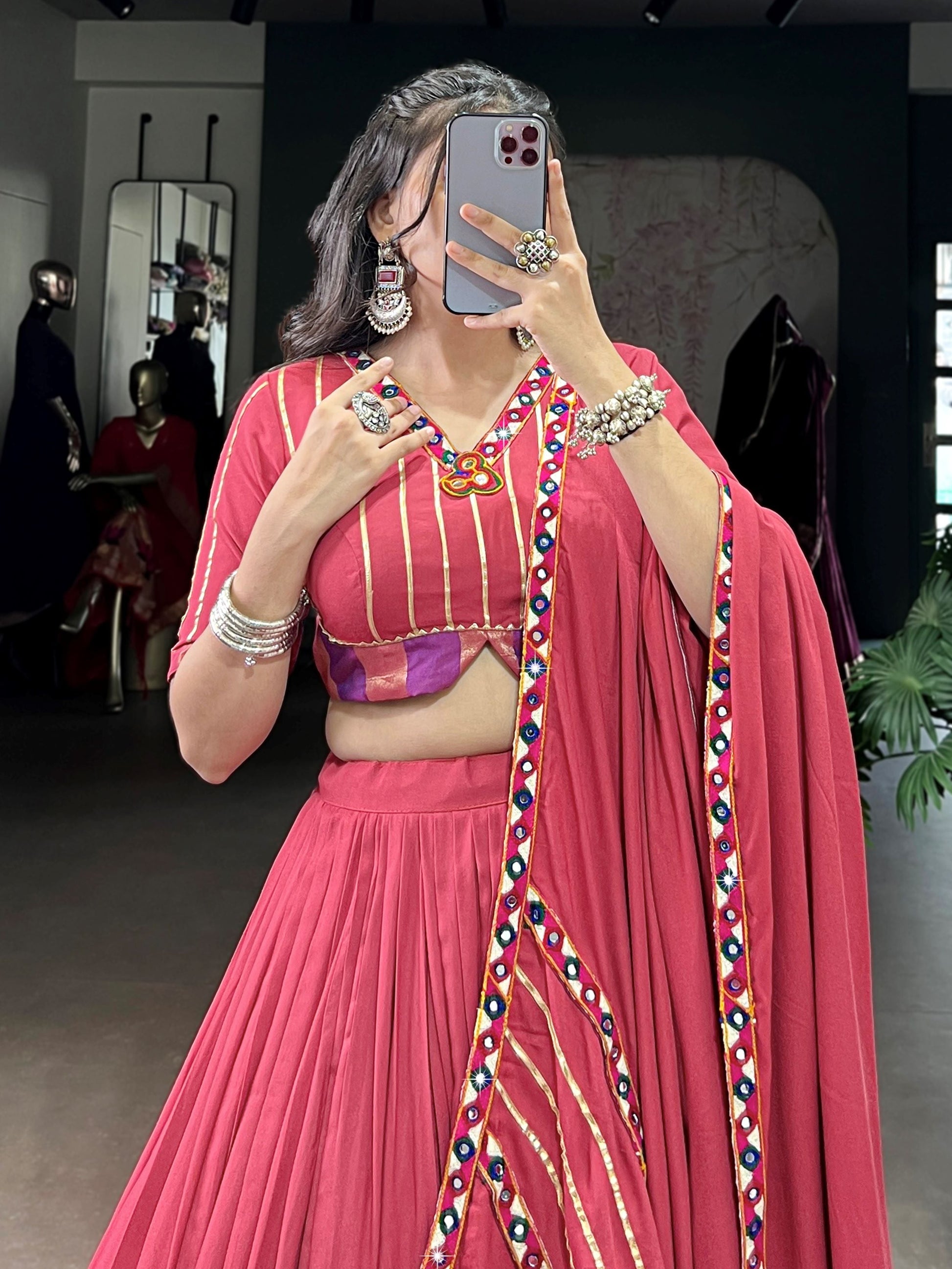 Fabulous Dark Pink Pure Rayon Gamthi Work Navratri Wear Lehenga Choli