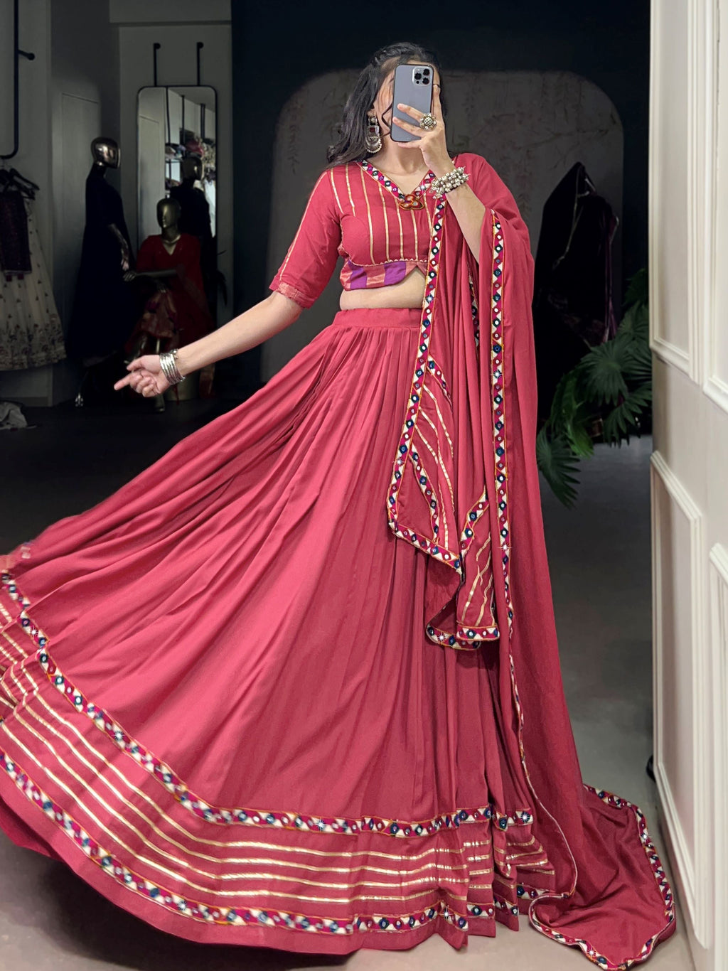 Fabulous Dark Pink Pure Rayon Gamthi Work Navratri Wear Lehenga Choli