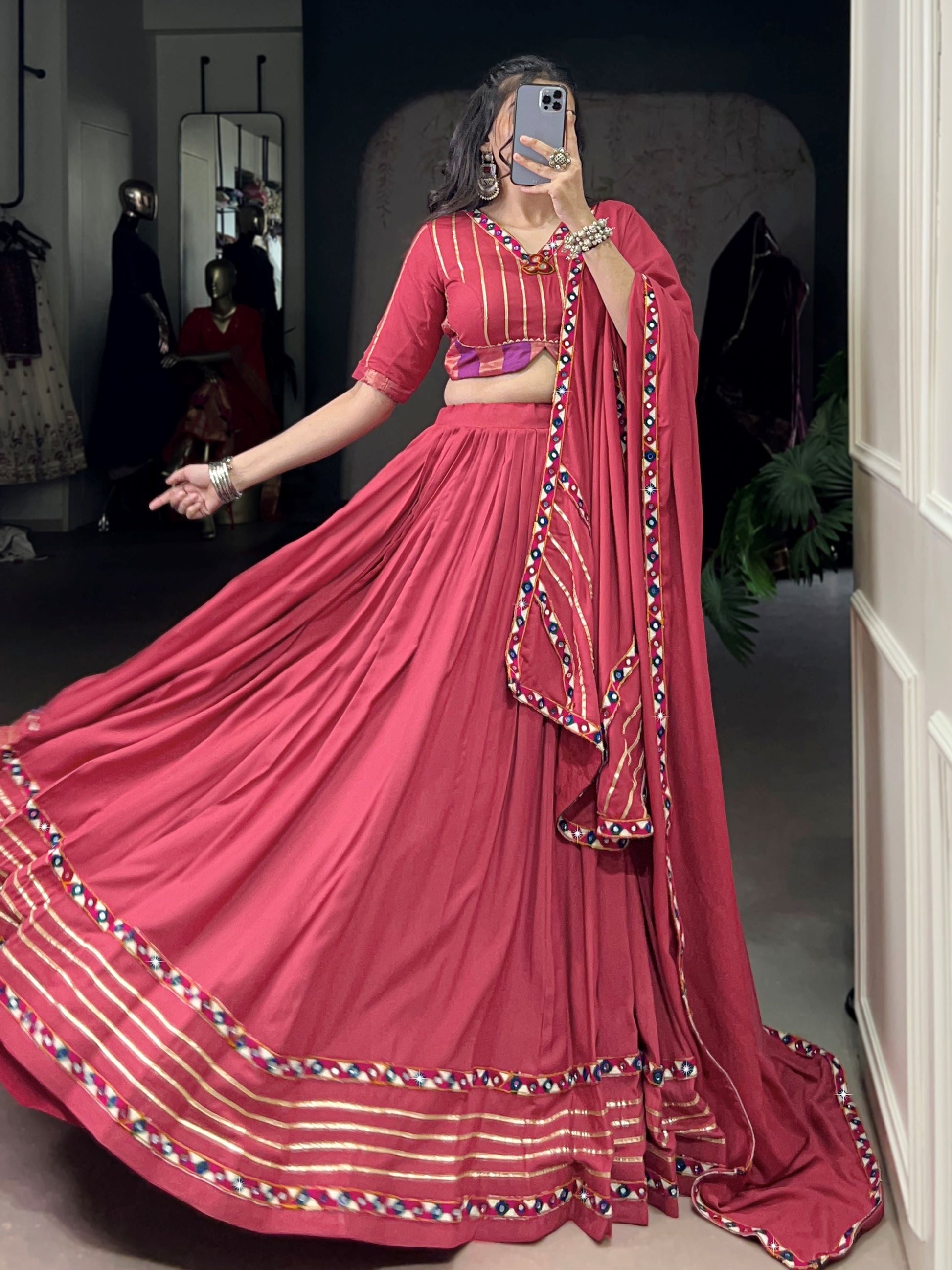 Fabulous Dark Pink Pure Rayon Gamthi Work Navratri Wear Lehenga Choli