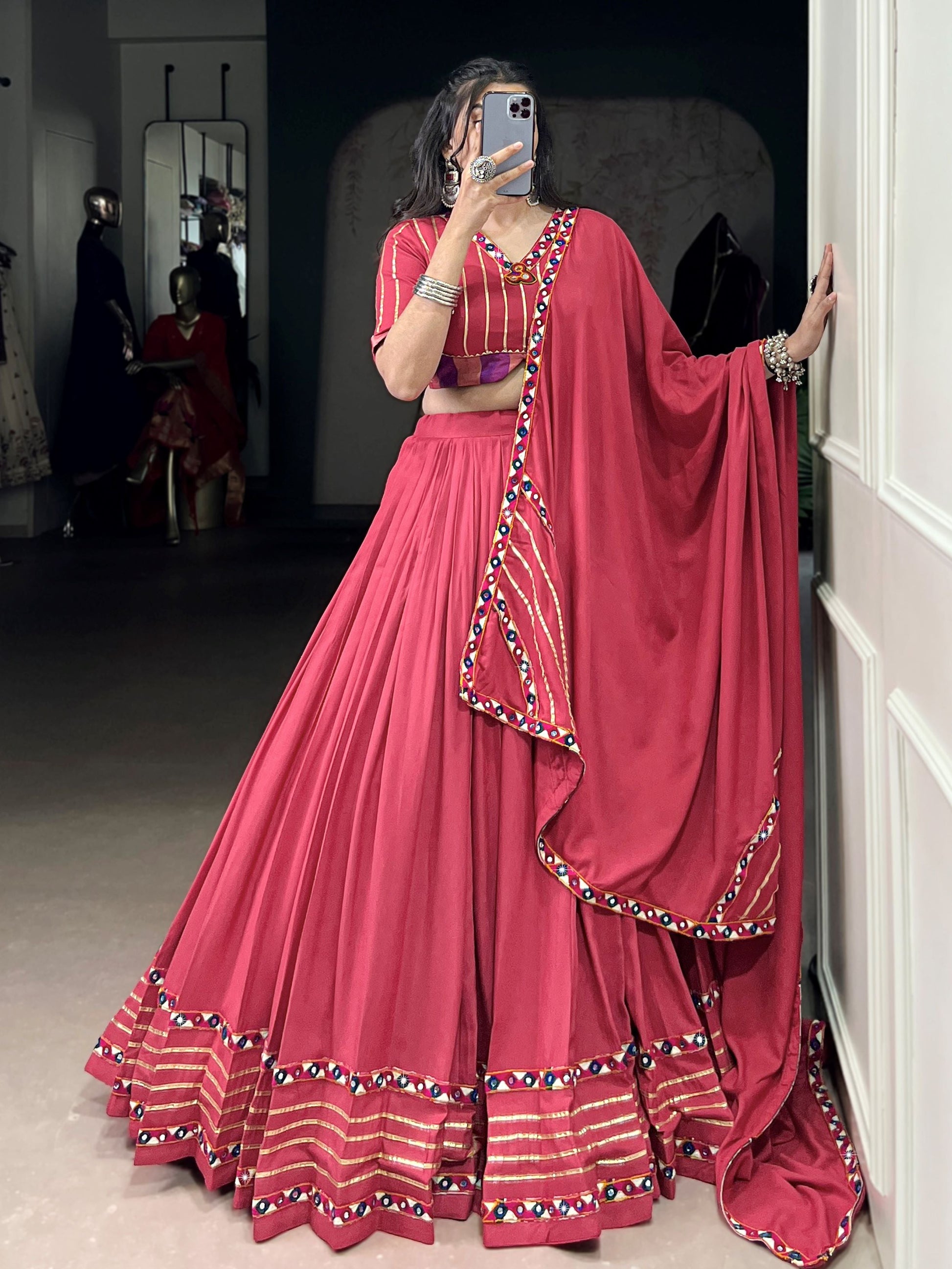 Fabulous Dark Pink Pure Rayon Gamthi Work Navratri Wear Lehenga Choli