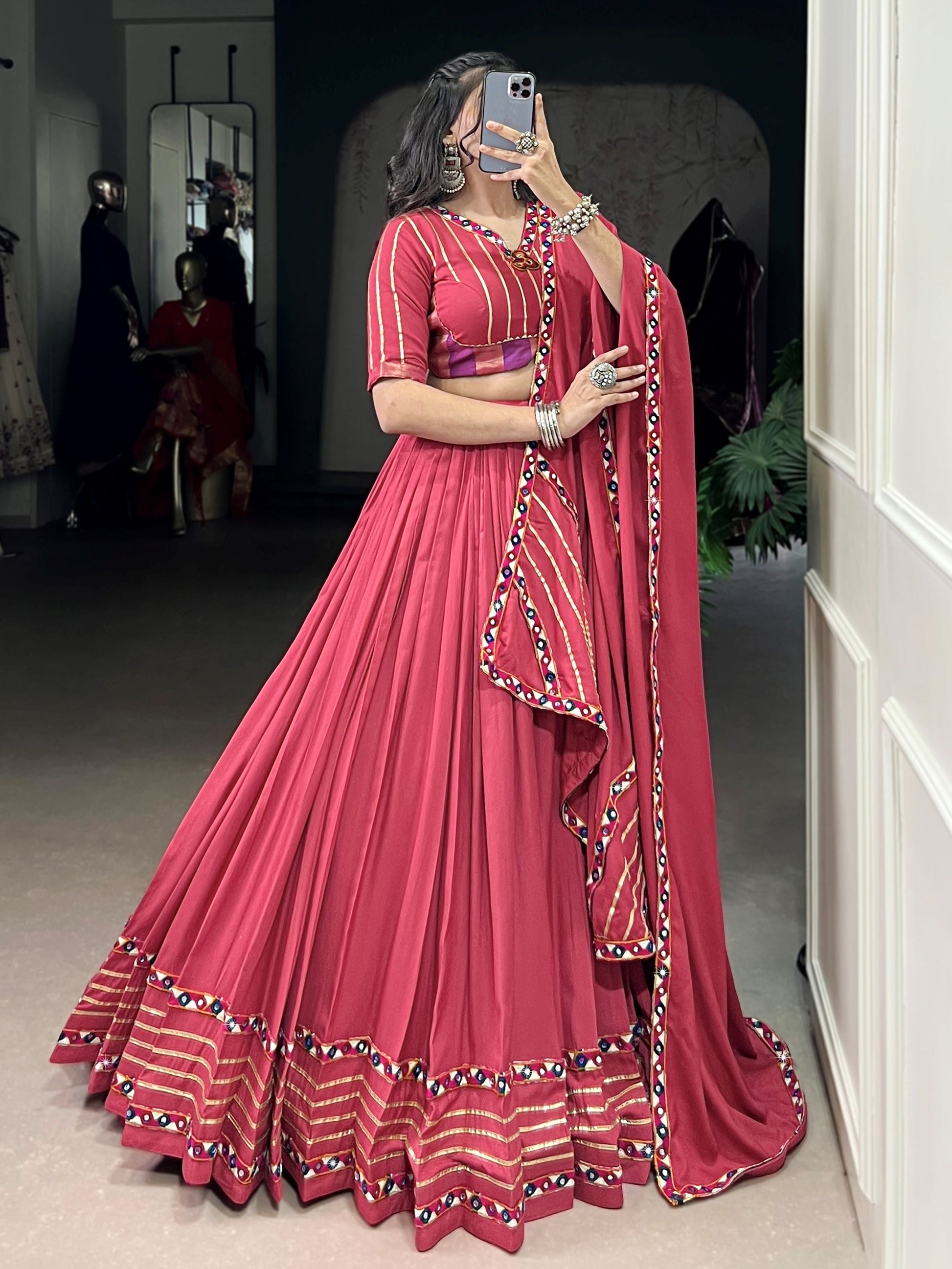 Fabulous Dark Pink Pure Rayon Gamthi Work Navratri Wear Lehenga Choli