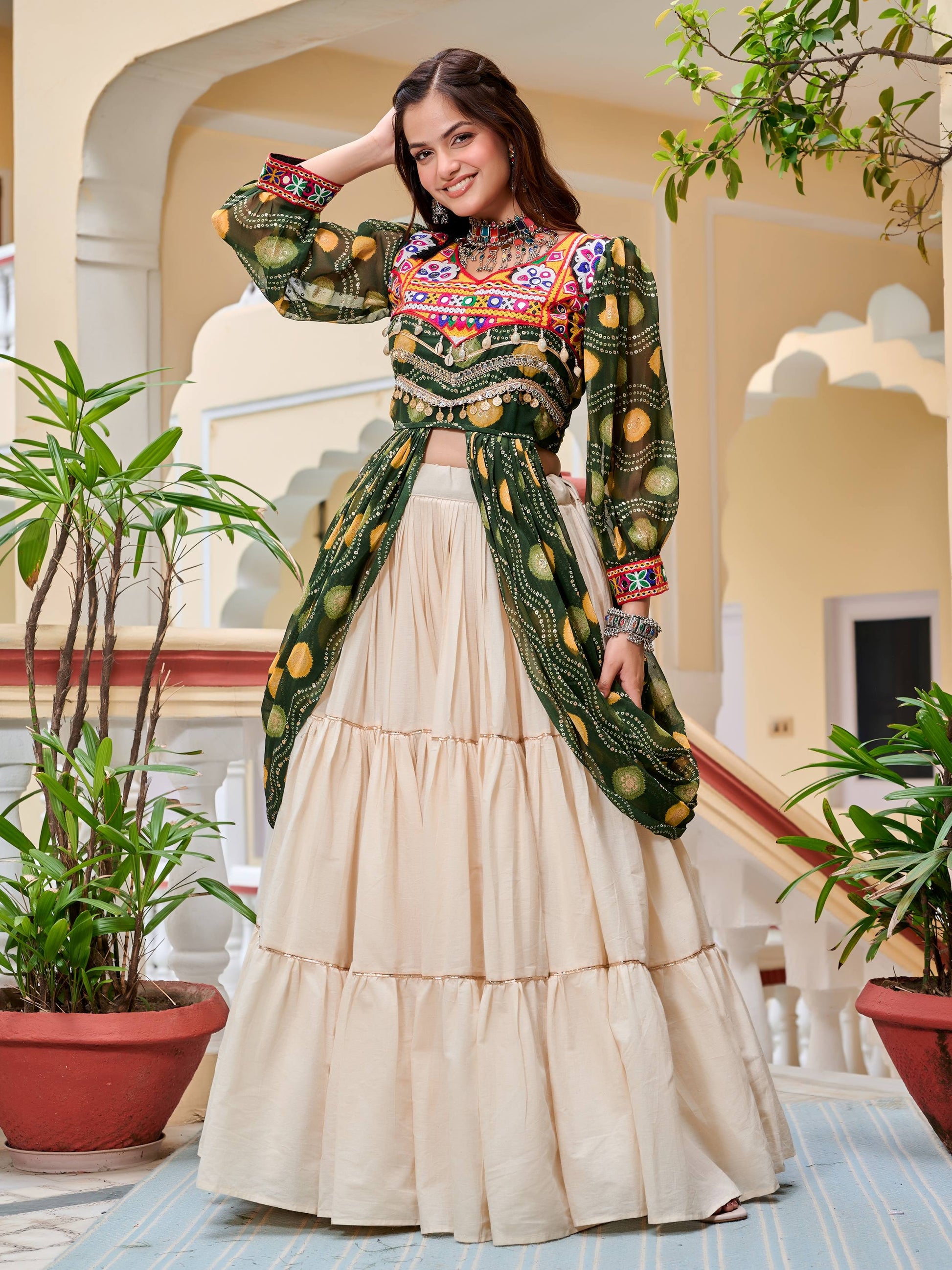 Excellent Green Cotton Mirror Work Navratri Wear Lehenga Choli