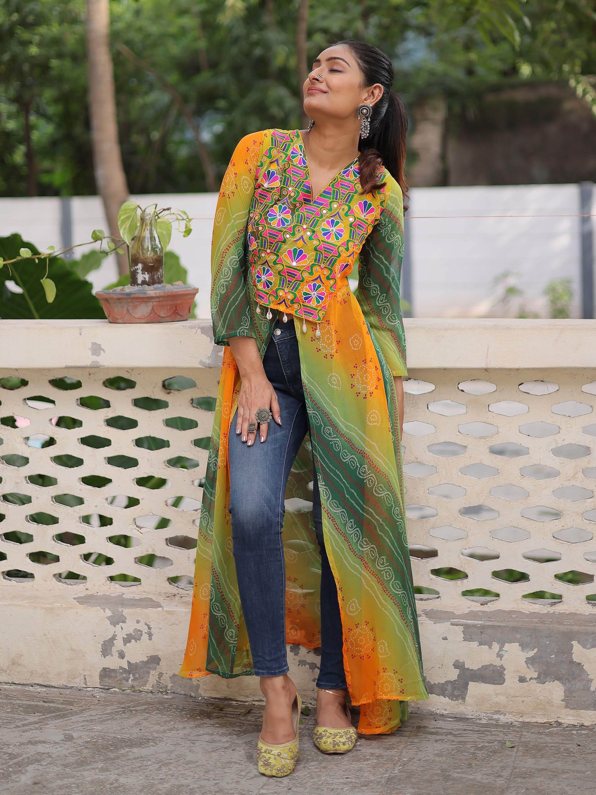 Adorable Green Georgette Bandhani Printed Festival Wear Kurti