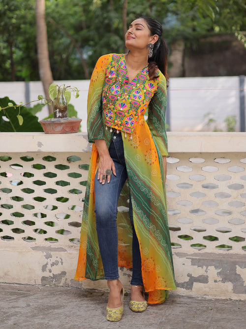 Adorable Green Georgette Bandhani Printed Festival Wear Kurti