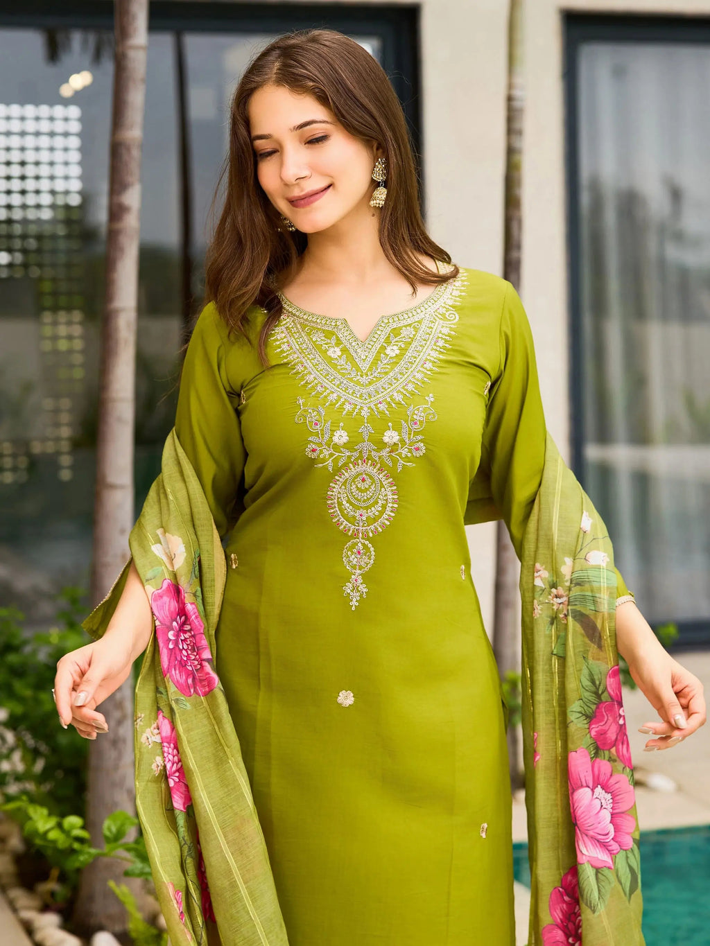 Impressive Green Viscose Embroidered Mehendi Wear Pant Suit