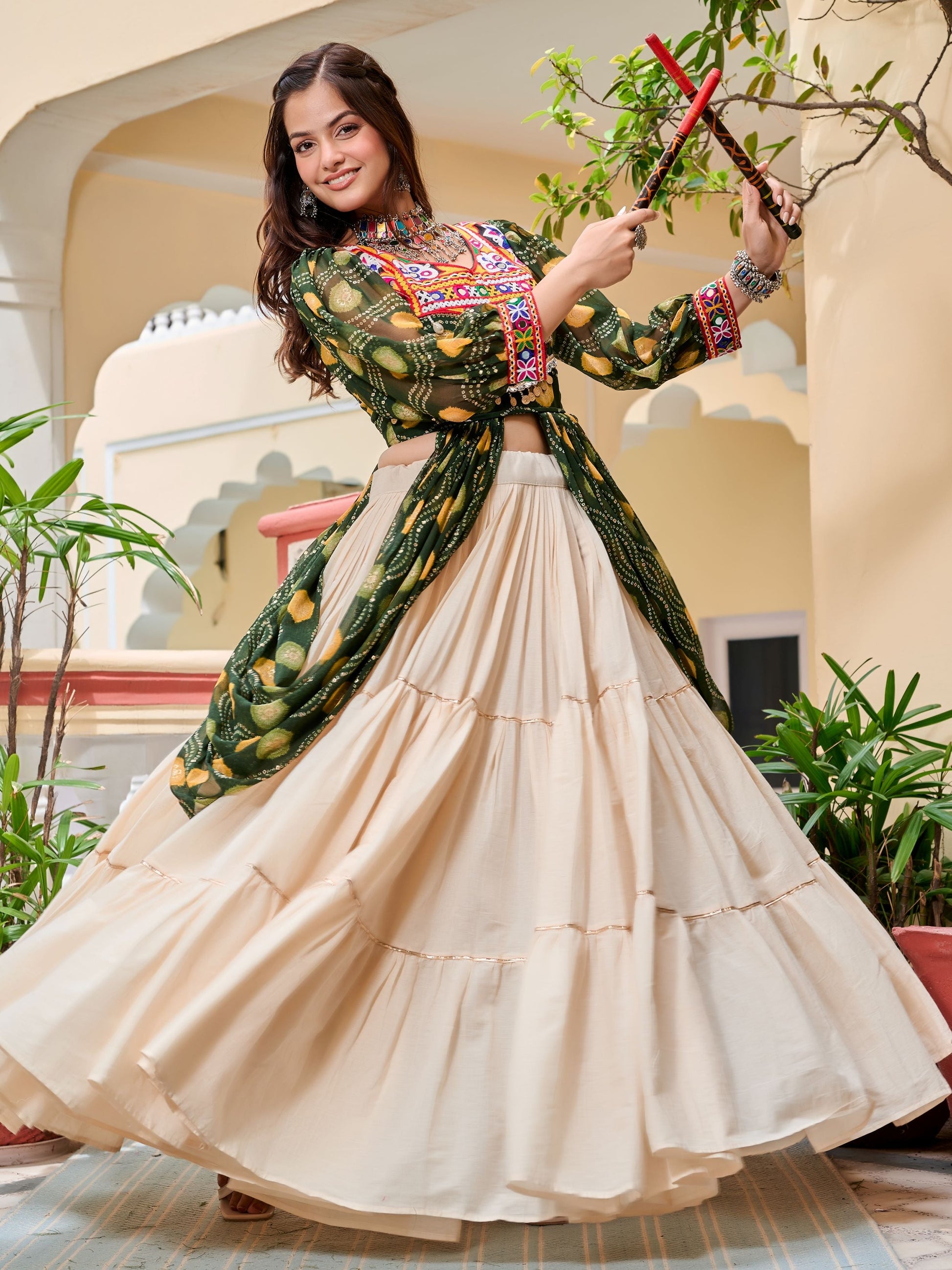 Excellent Green Cotton Mirror Work Navratri Wear Lehenga Choli