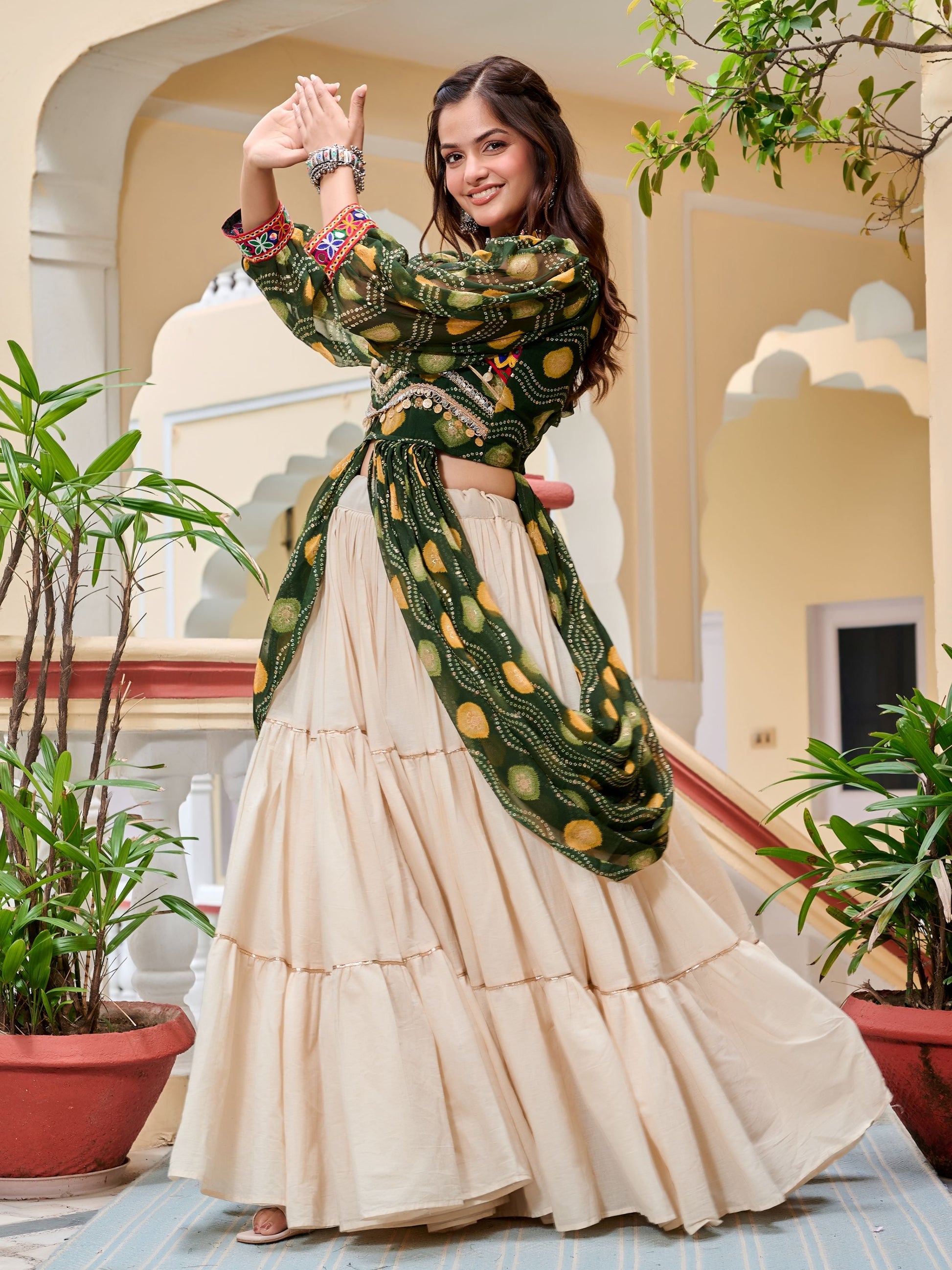 Excellent Green Cotton Mirror Work Navratri Wear Lehenga Choli