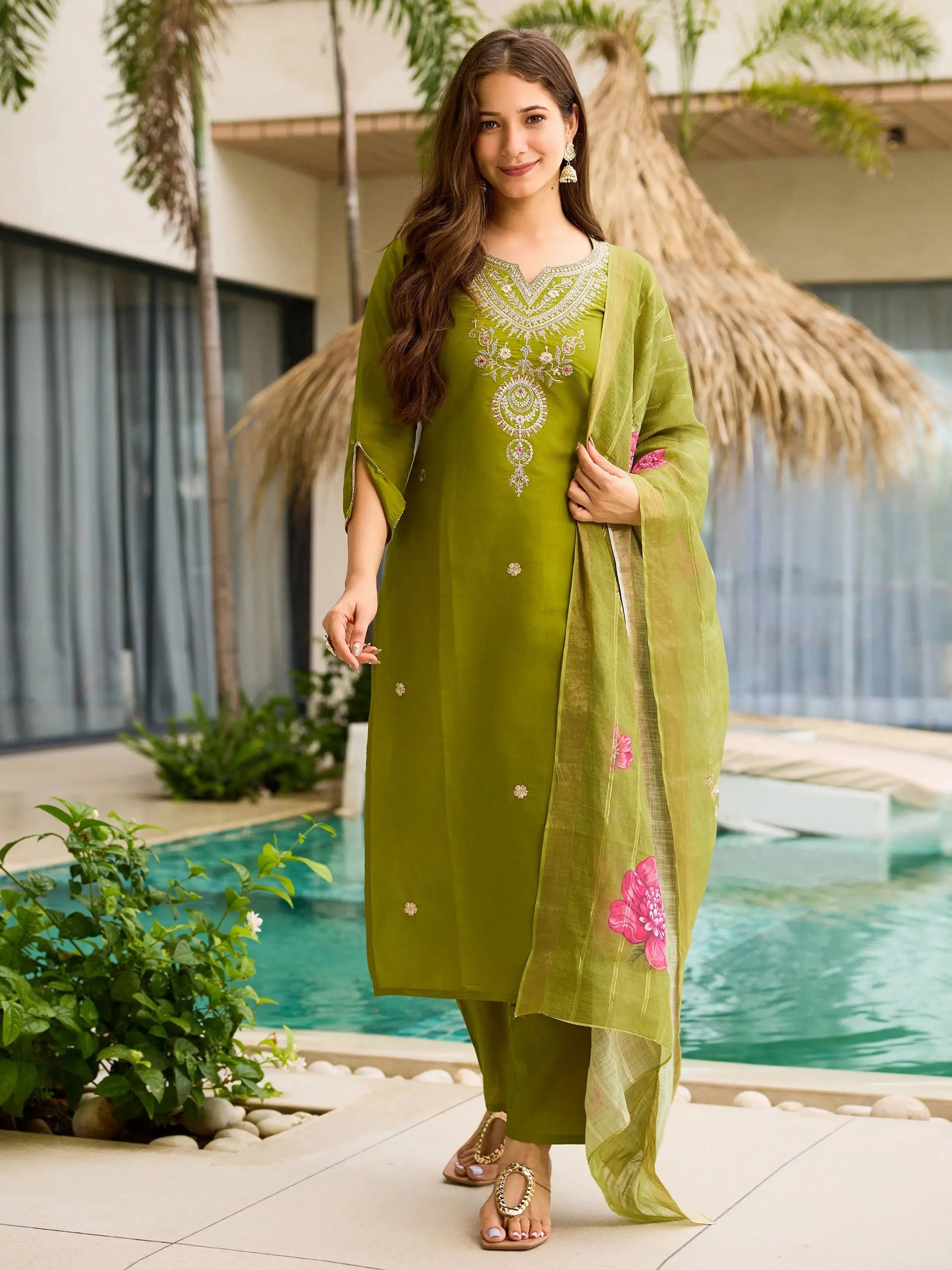 Impressive Green Viscose Embroidered Mehendi Wear Pant Suit
