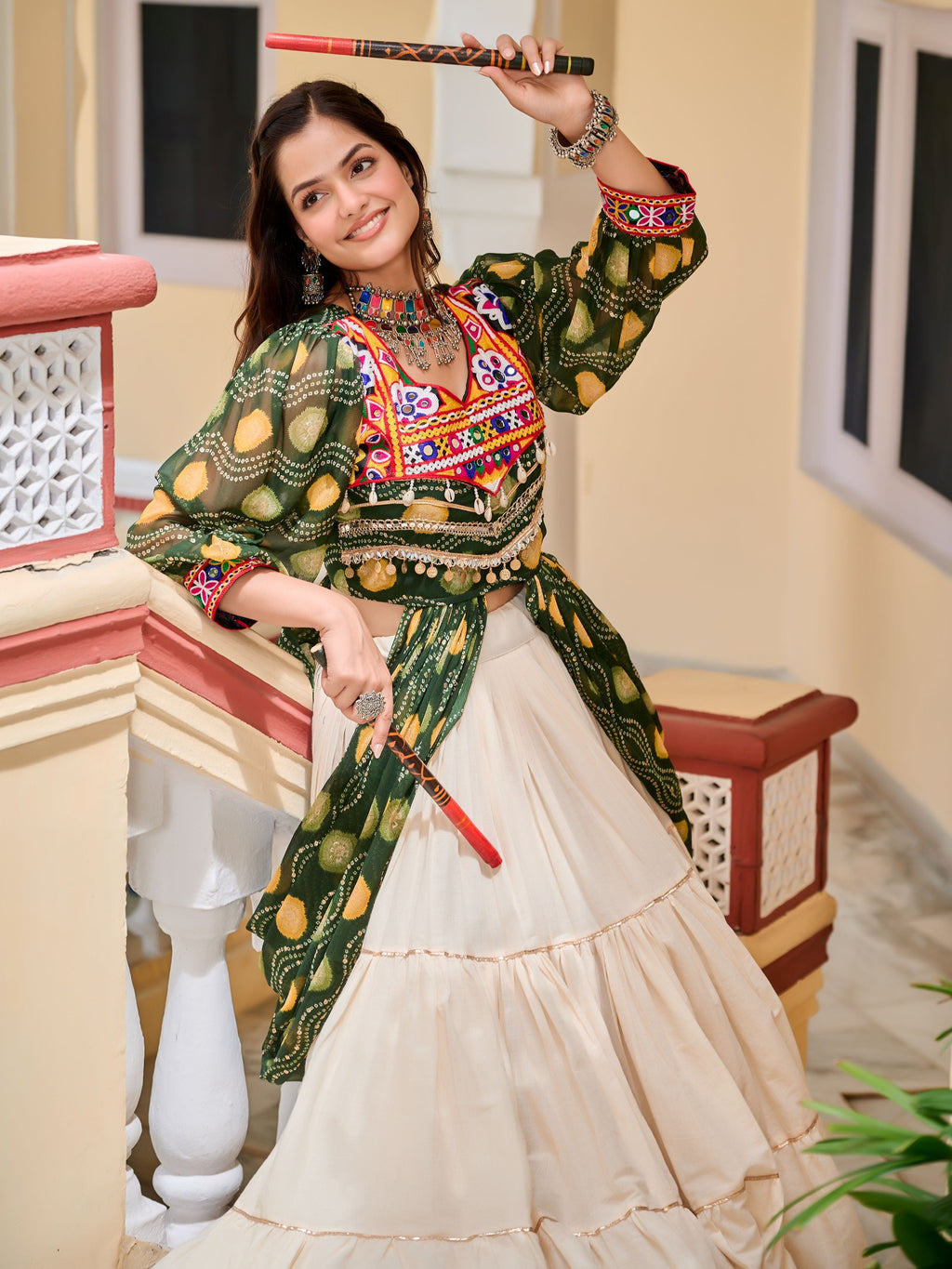 Excellent Green Cotton Mirror Work Navratri Wear Lehenga Choli