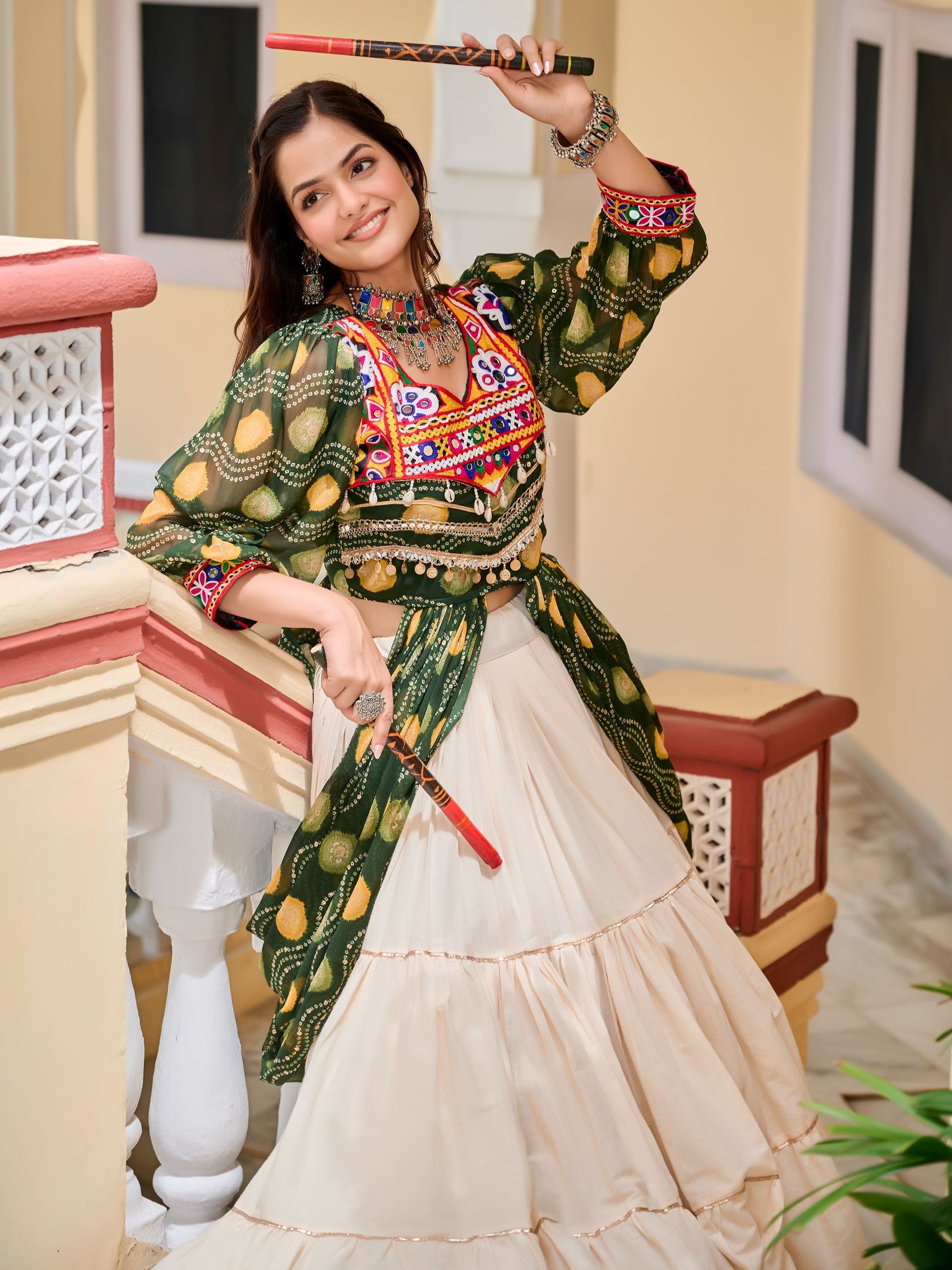 Excellent Green Cotton Mirror Work Navratri Wear Lehenga Choli
