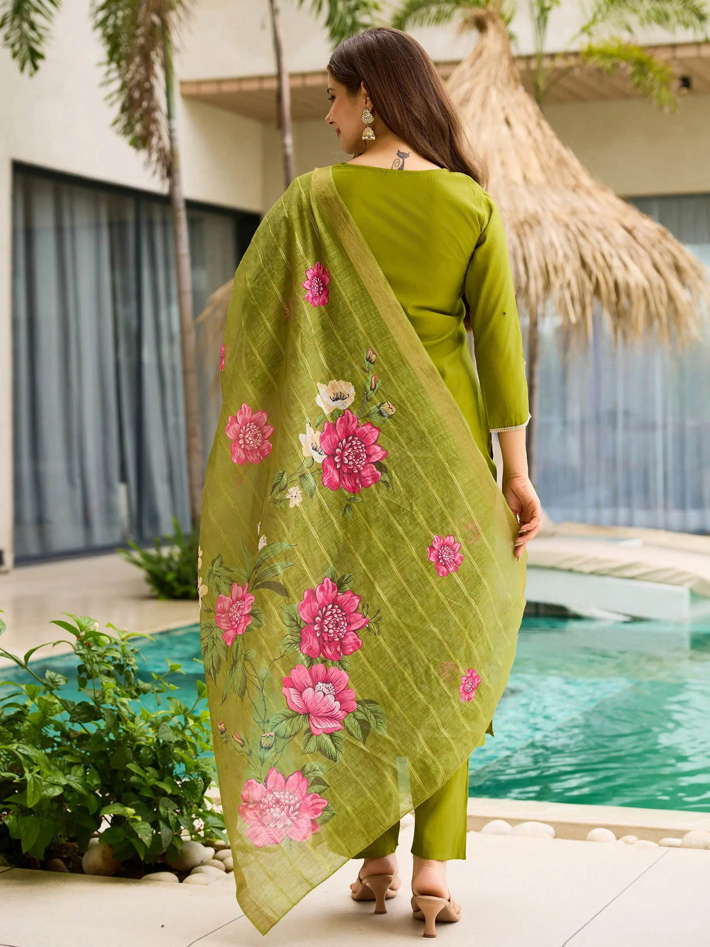 Impressive Green Viscose Embroidered Mehendi Wear Pant Suit