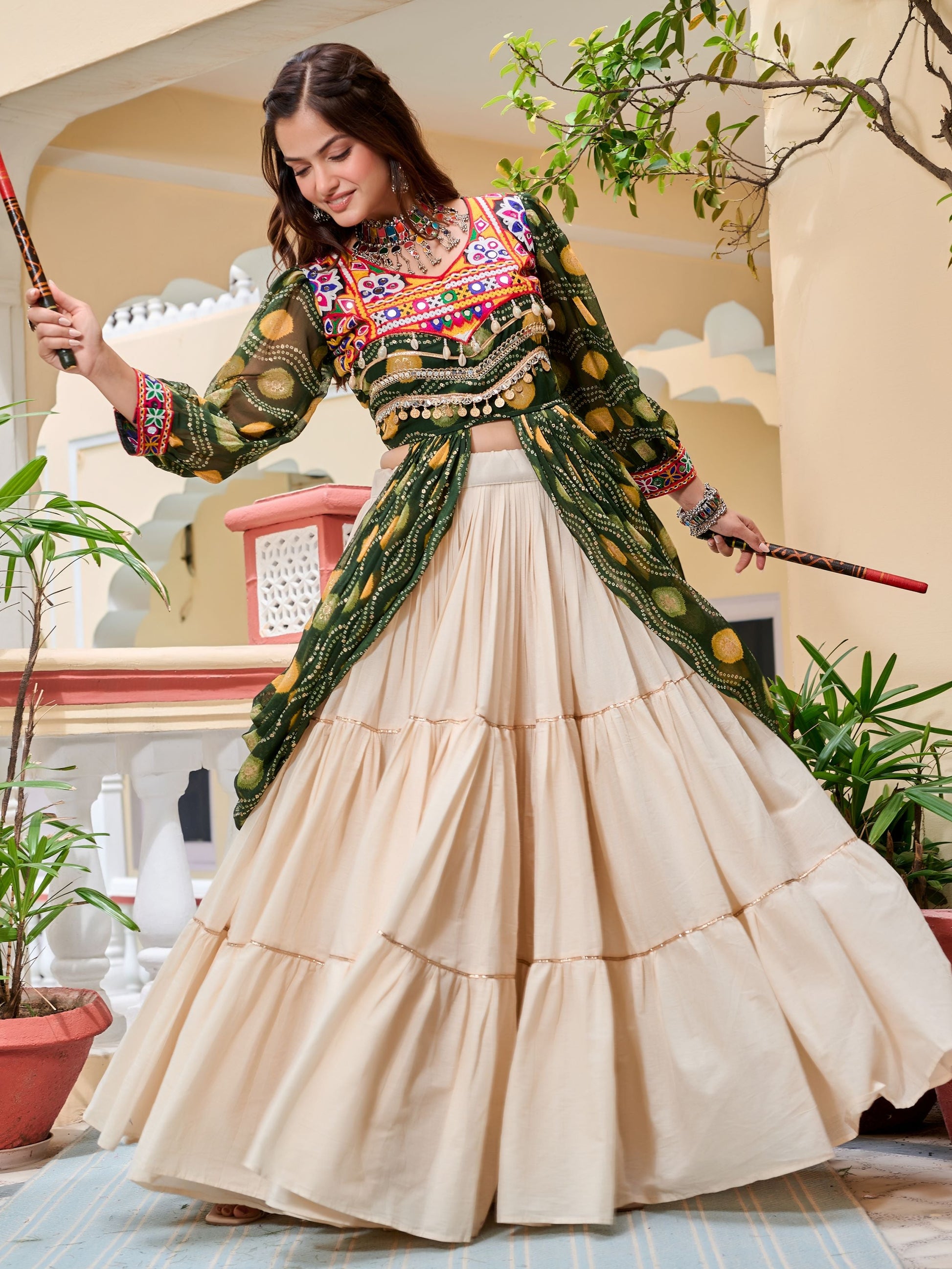 Excellent Green Cotton Mirror Work Navratri Wear Lehenga Choli