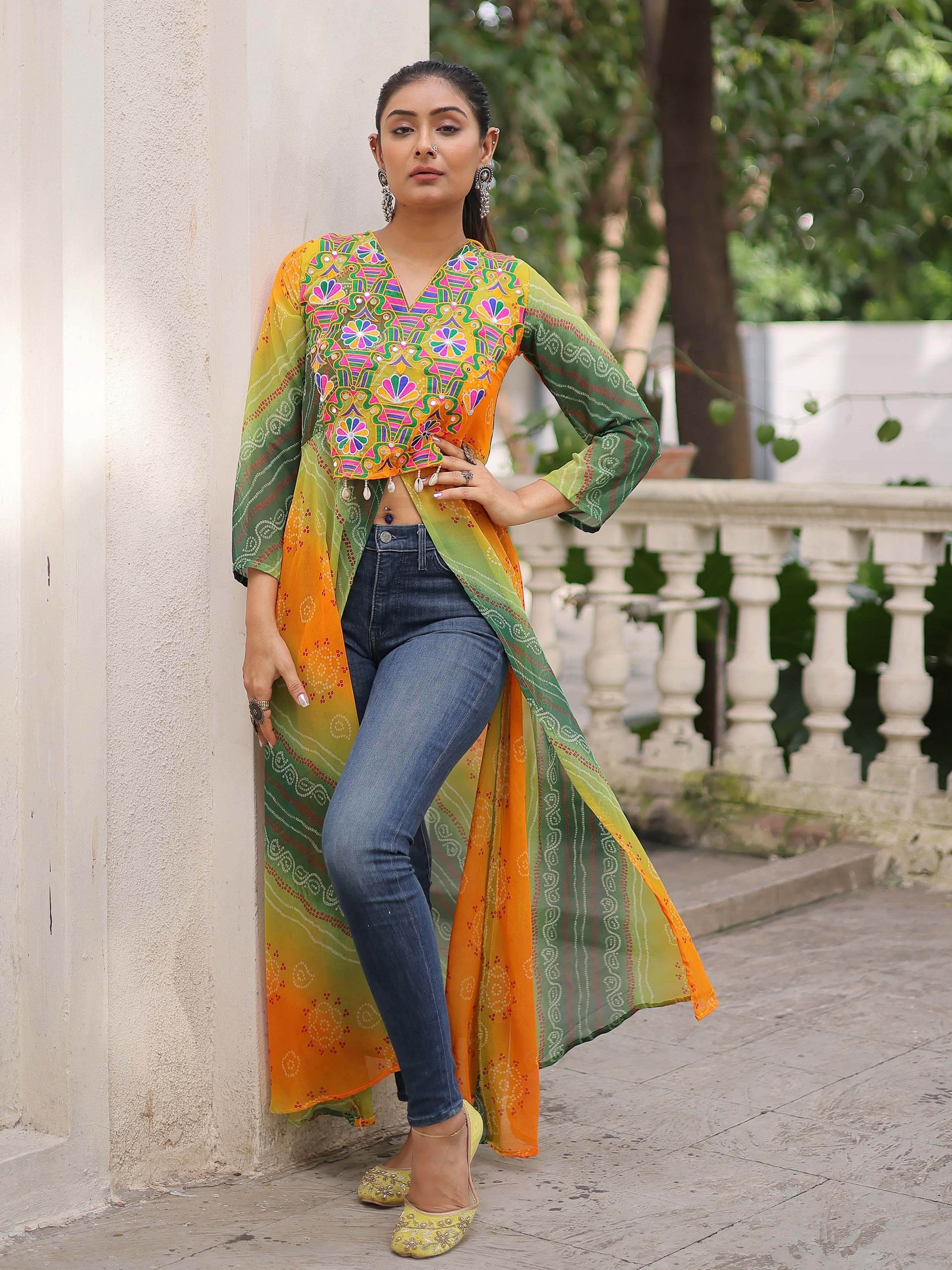 Adorable Green Georgette Bandhani Printed Festival Wear Kurti
