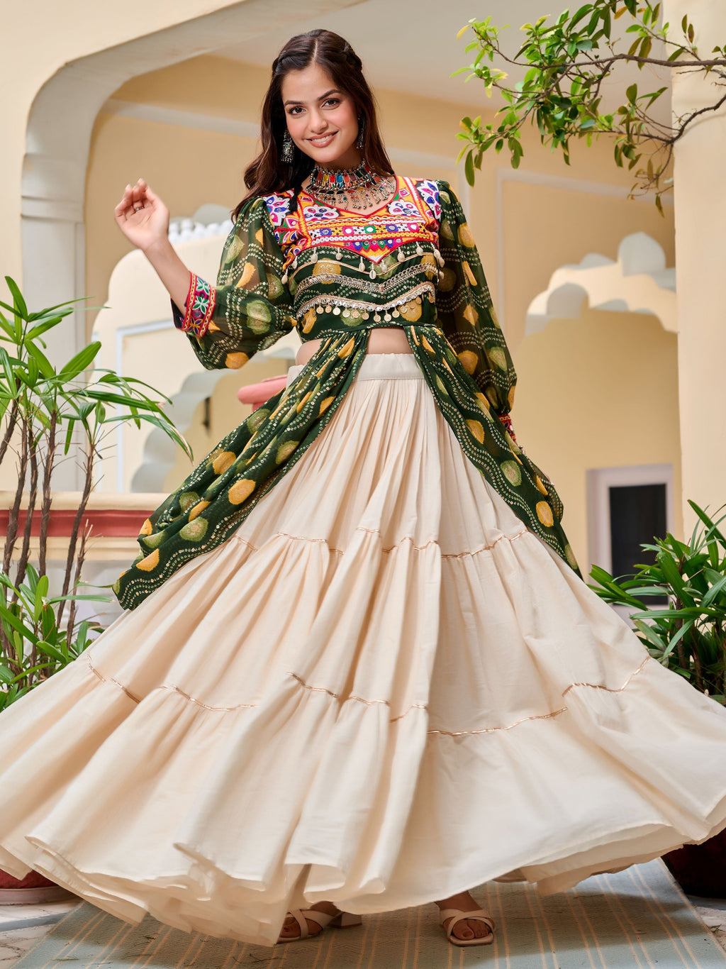 Excellent Green Cotton Mirror Work Navratri Wear Lehenga Choli