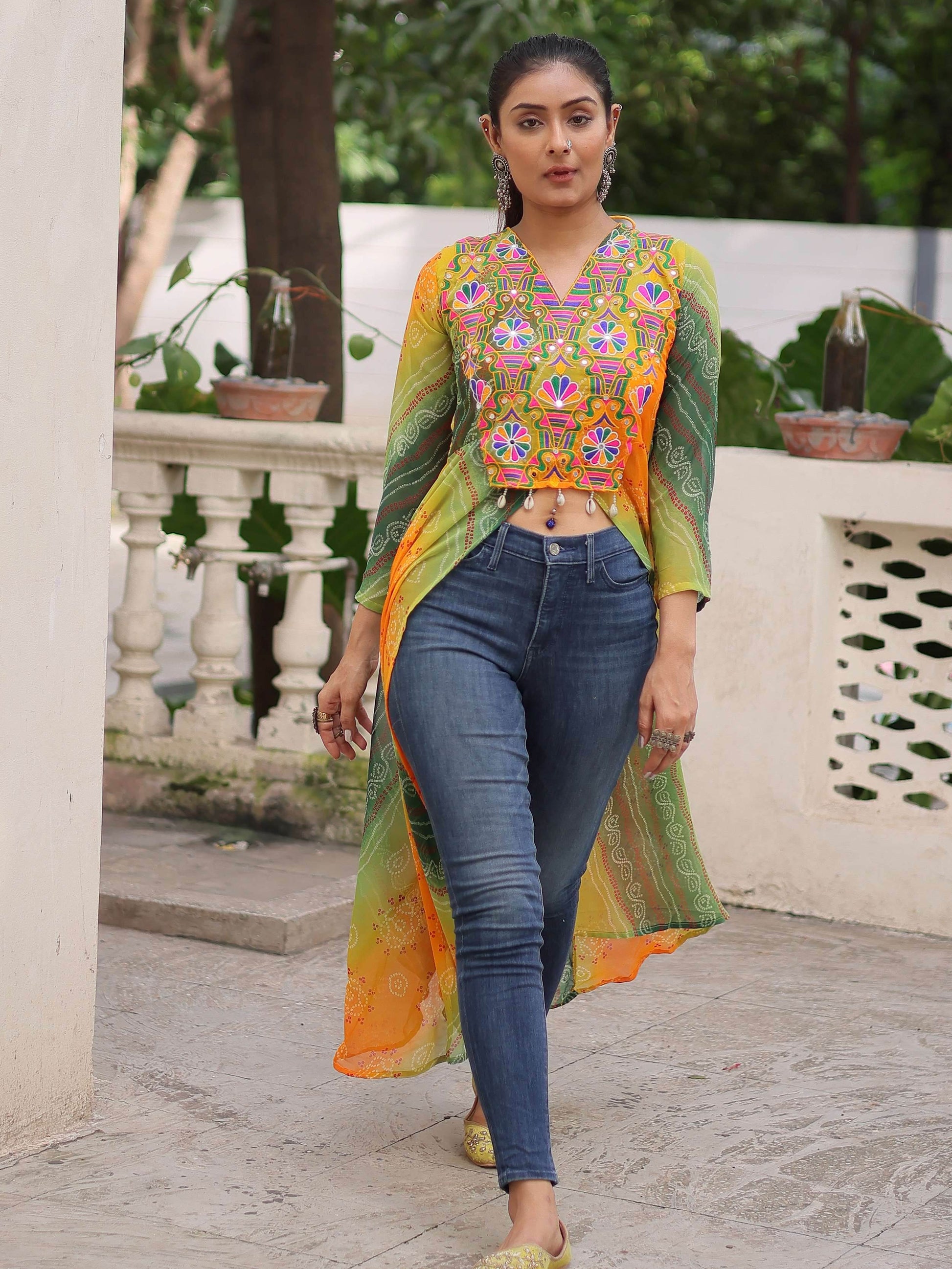 Adorable Green Georgette Bandhani Printed Festival Wear Kurti